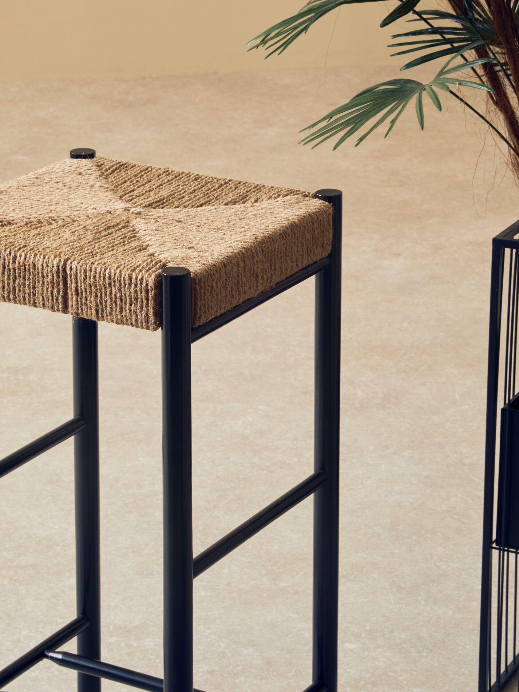 Naku Natural Rope and Black Wood Bar Stool - The Orchard Home and Gifts