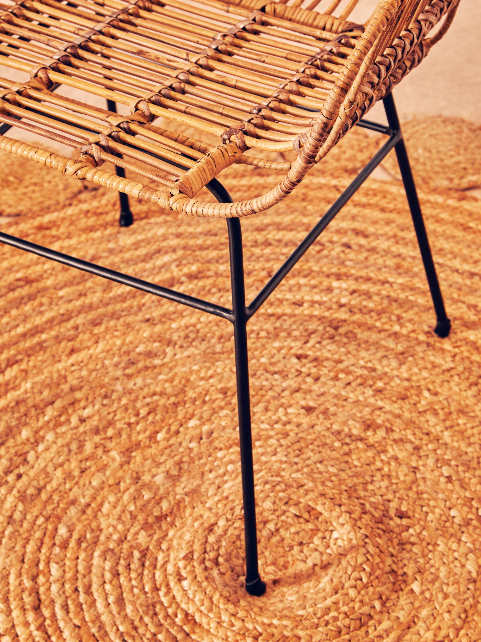 Round Back Natural Rattan and Black Metal Dining Chair