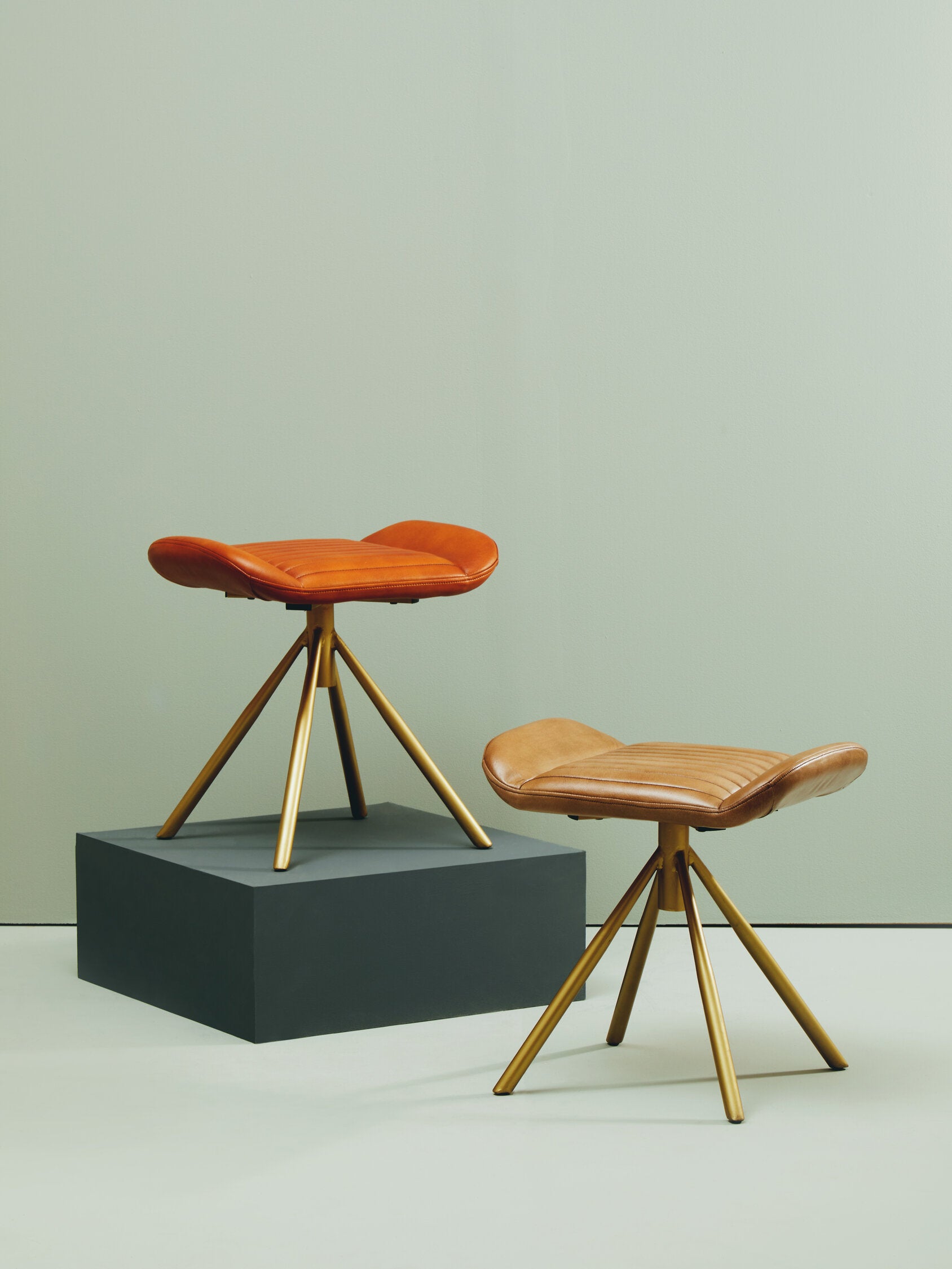 Buffalo Tan Leather and Gold Finish Footstool