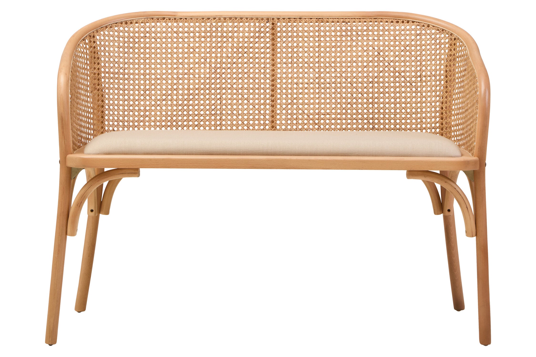 Cane Woven Beech Wood Upholstered Bench