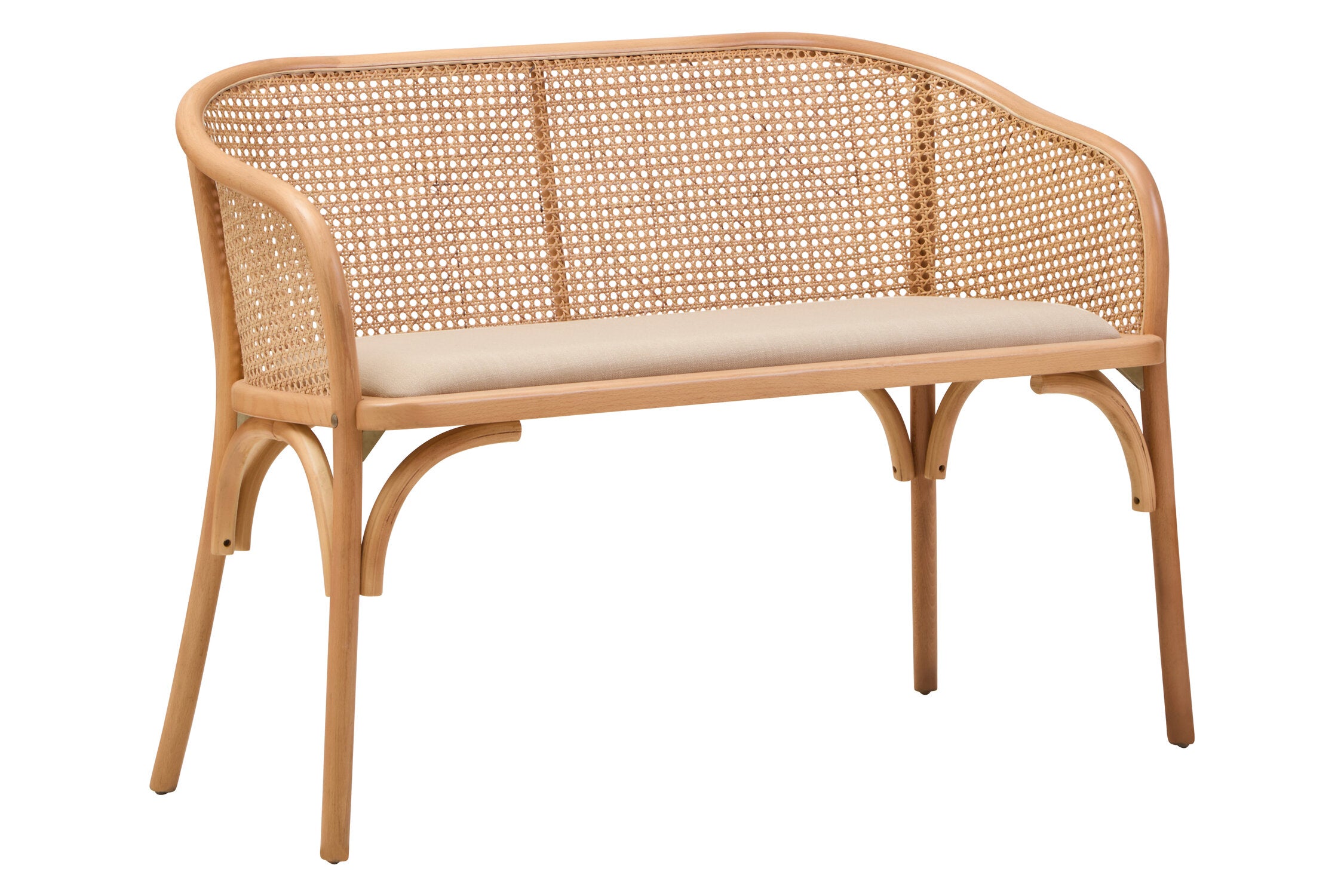 Cane Woven Beech Wood Upholstered Bench