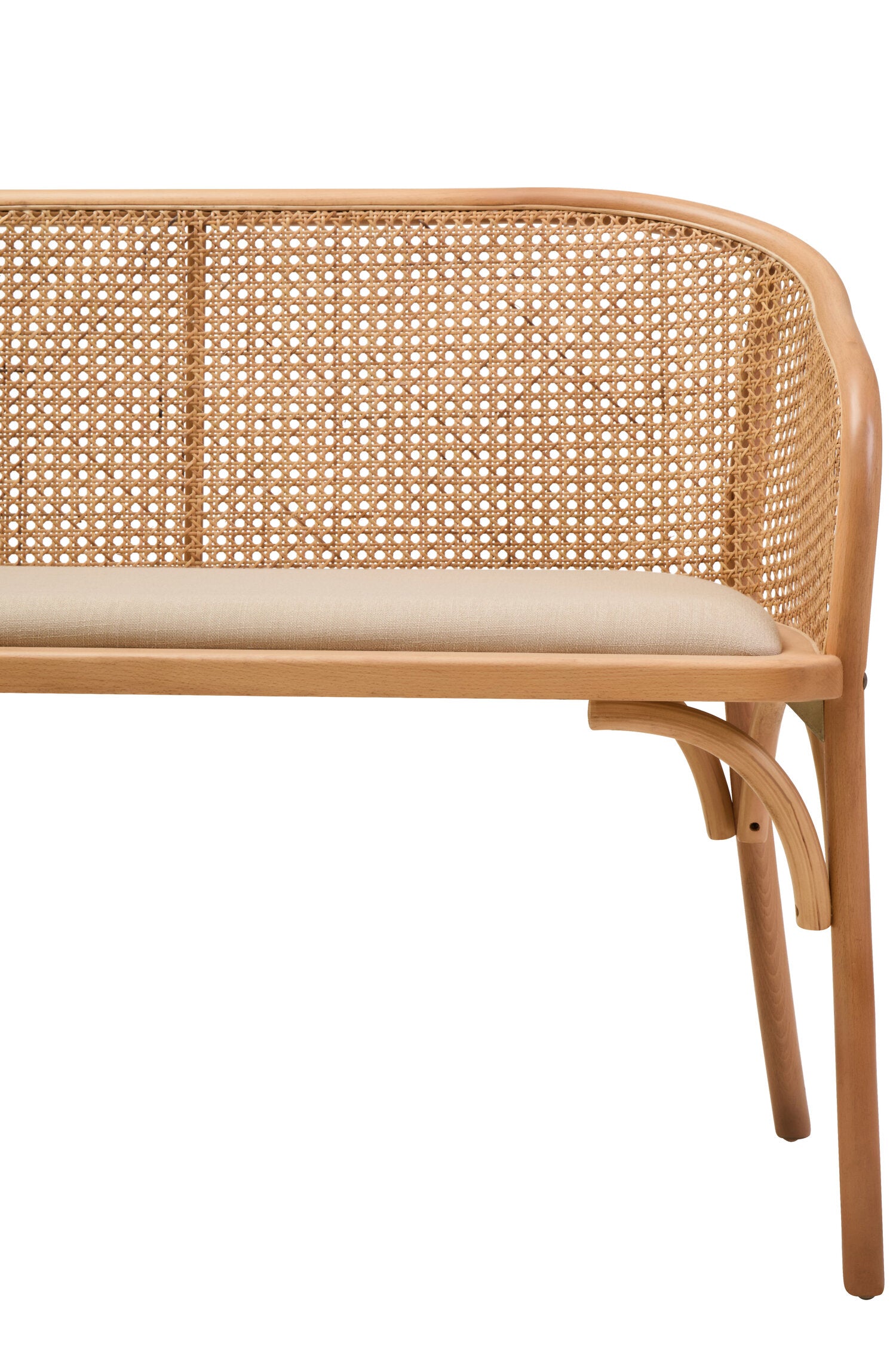 Cane Woven Beech Wood Upholstered Bench