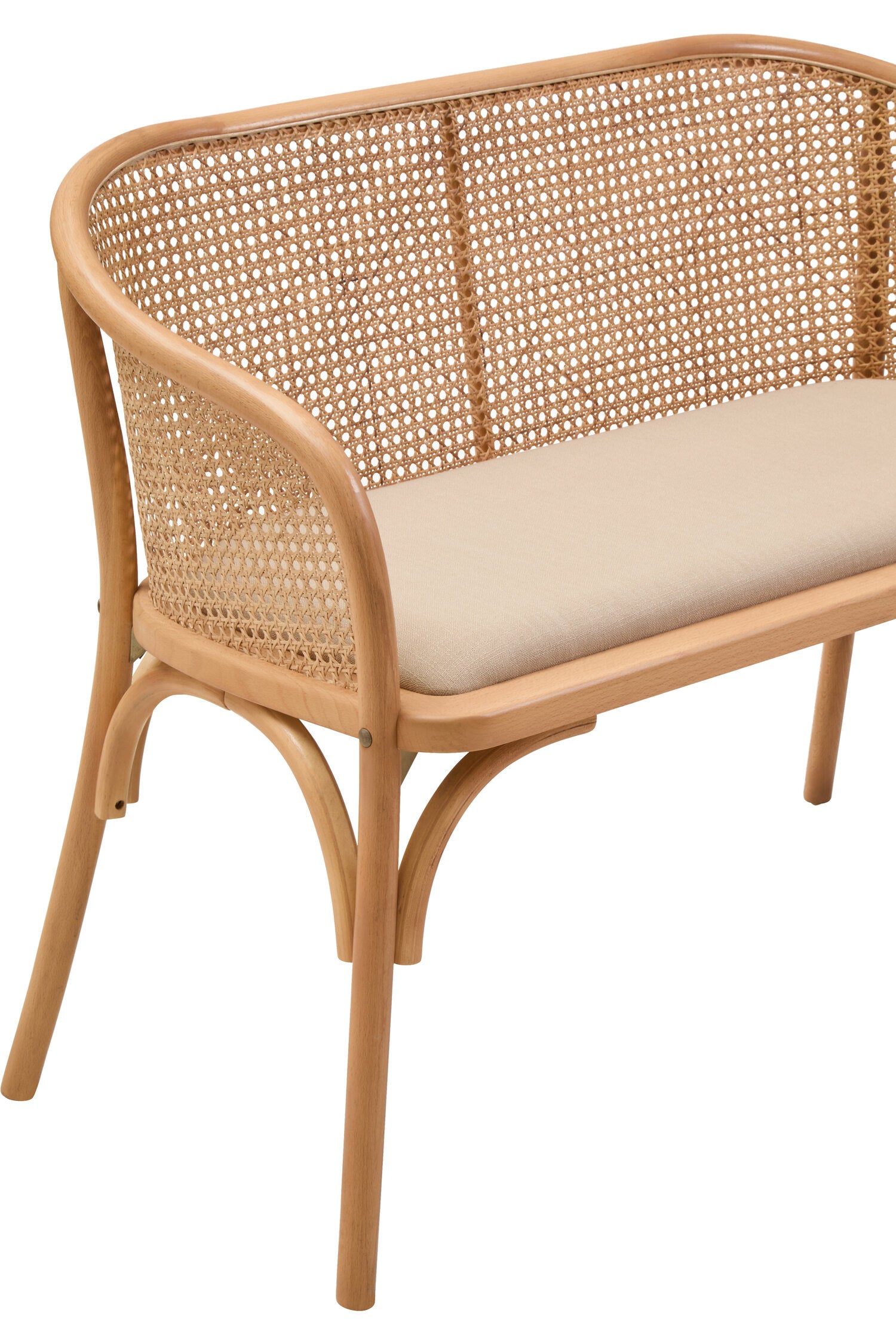 Cane Woven Beech Wood Upholstered Bench