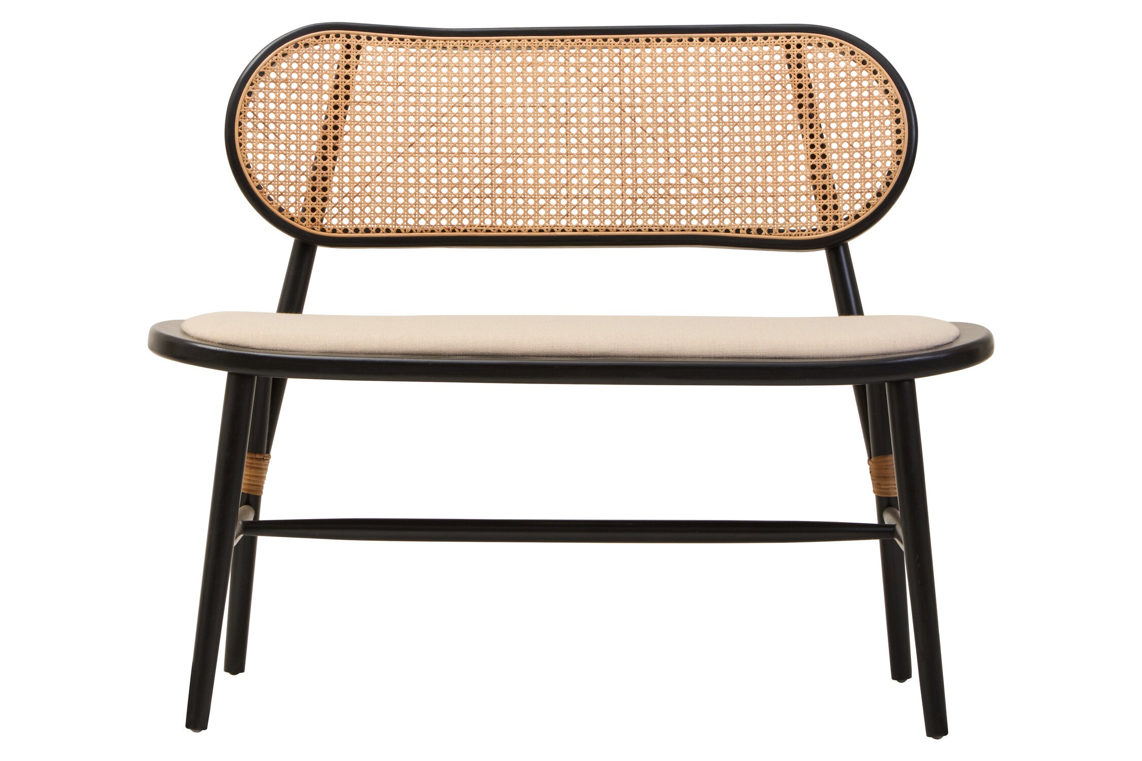 Black Elm Wood Cane Upholstered Bench - The Orchard Home and Gifts