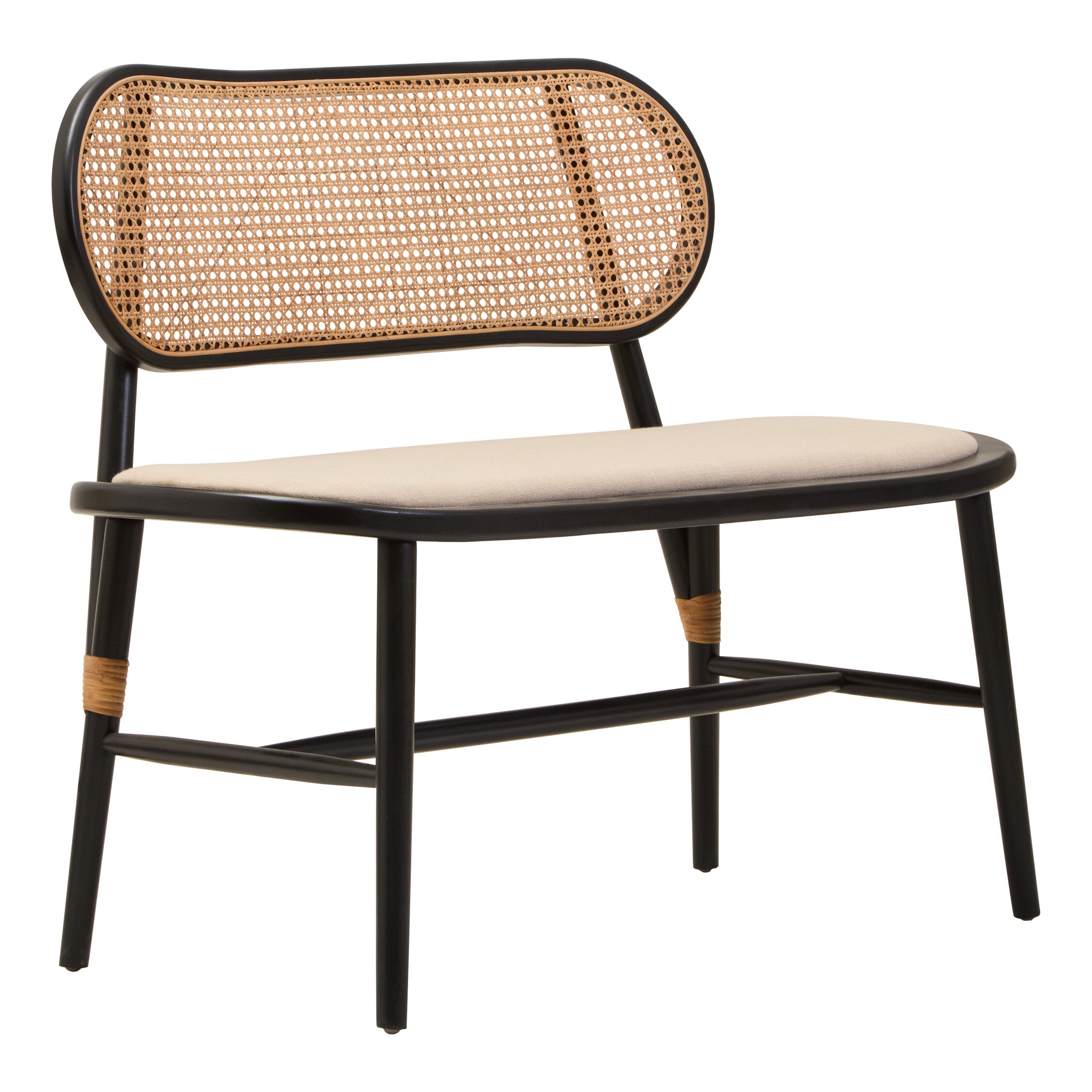 Black Elm Wood Cane Upholstered Bench - The Orchard Home and Gifts