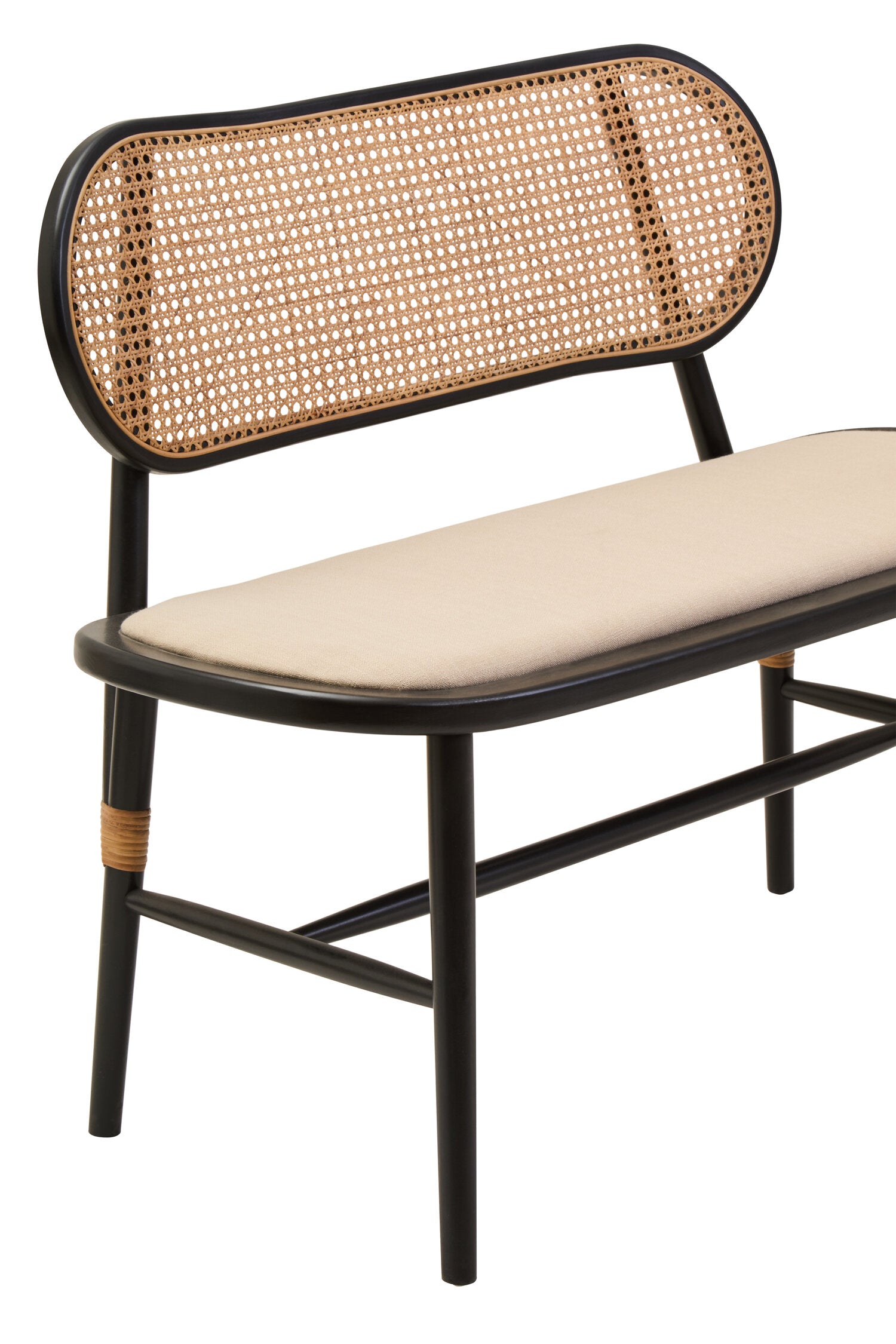Black Elm Wood Cane Upholstered Bench - The Orchard Home and Gifts