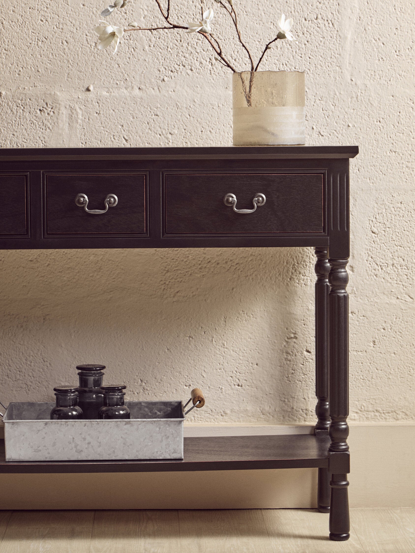 Vintage Black Three Drawer Console Table - The Orchard Home and Gifts