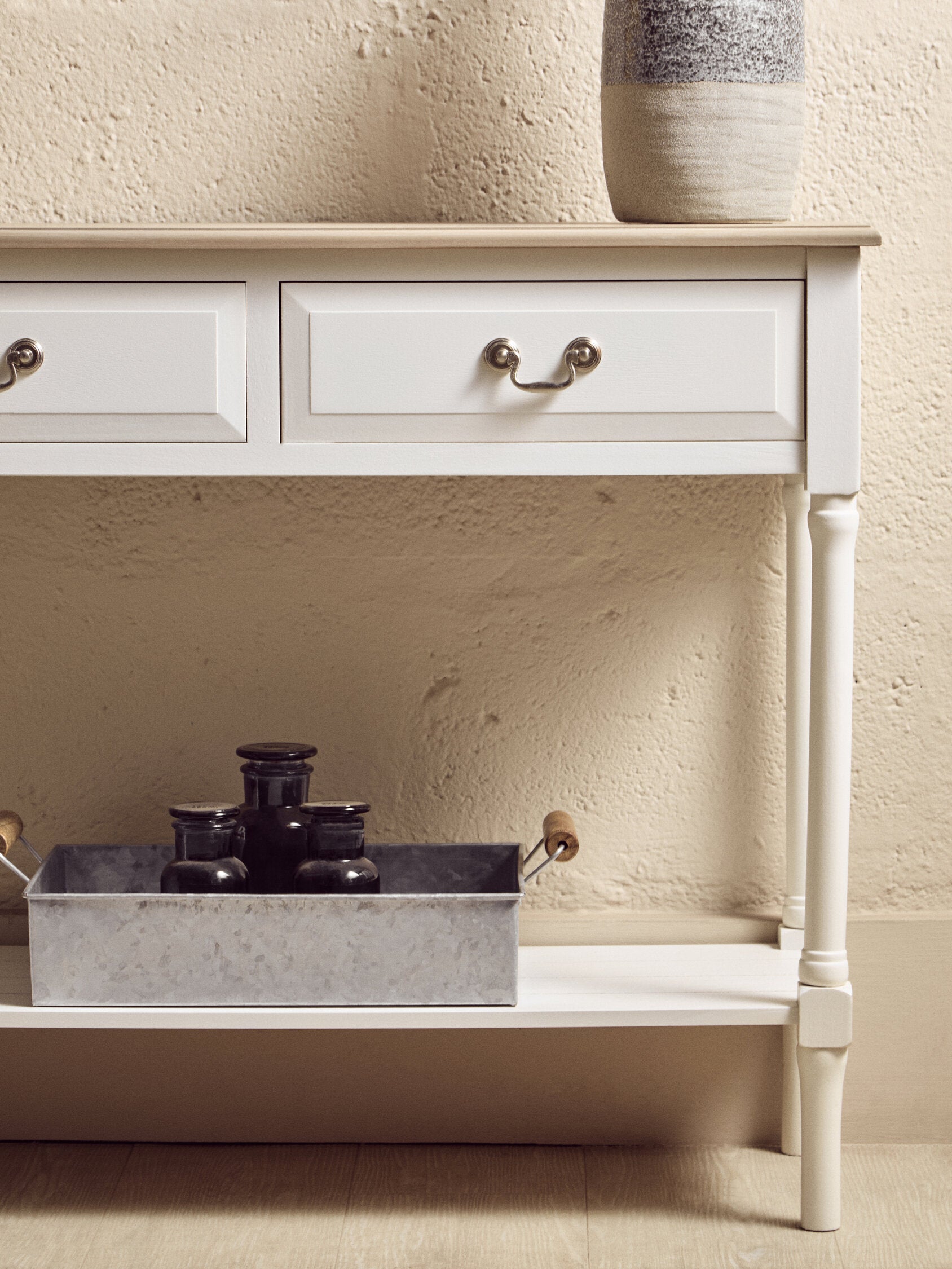 Country White Two Drawer Console Table with Shelf - The Orchard Home and Gifts