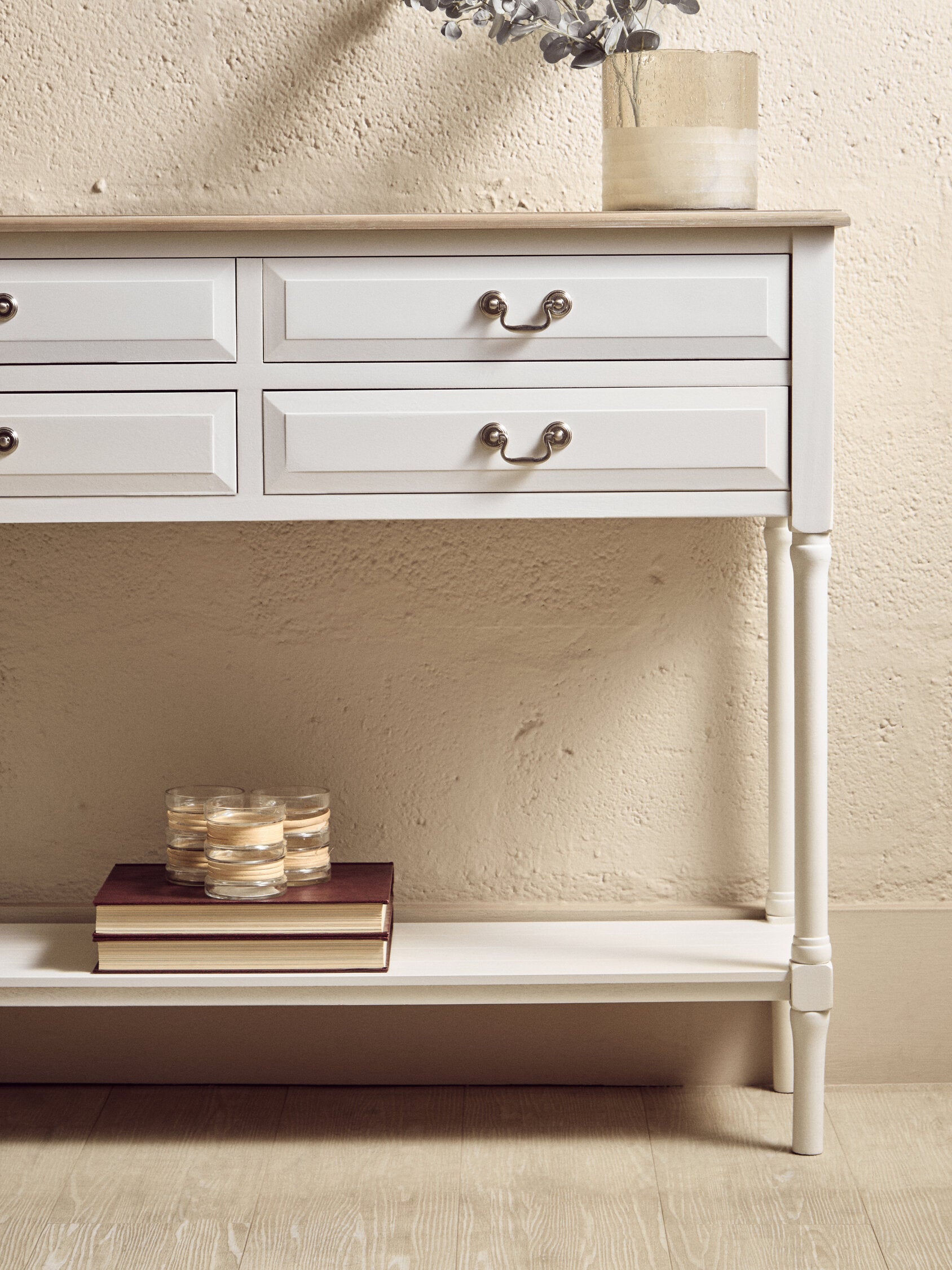 Country White Four Drawer Console Table with Shelf - The Orchard Home and Gifts