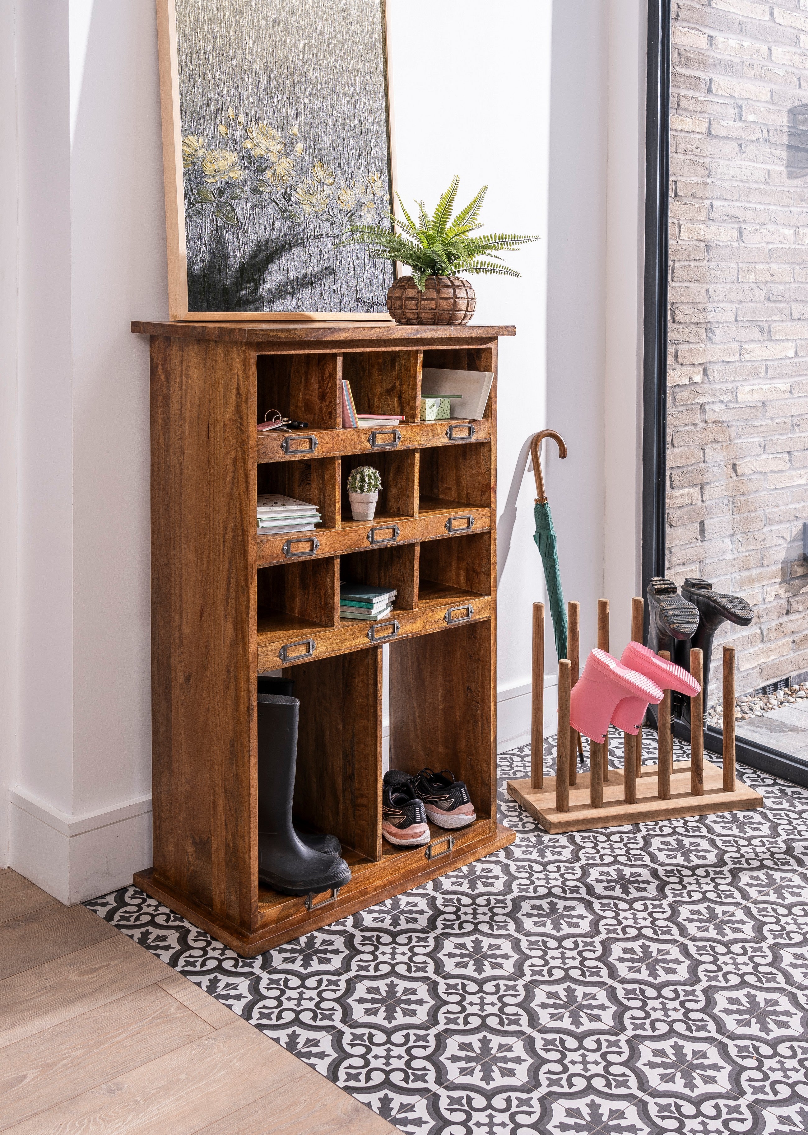 Teak Six Pair Welly Holder