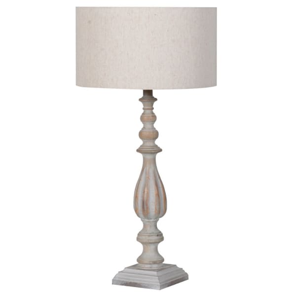 Aged Wooden Turned Spindle Table Lamp with Linen Shade