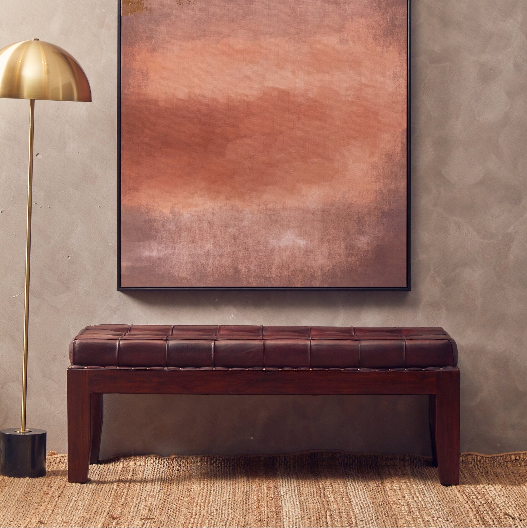 Antique Brown Upholstered Buttoned Leather Teak Bench - The Orchard Home and Gifts