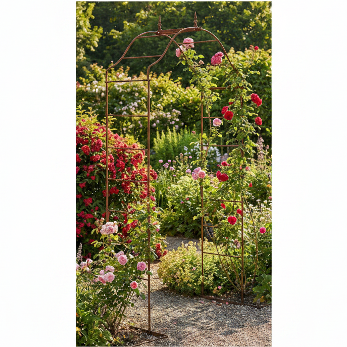 Metal garden arch with climbing roses in a lush garden setting
