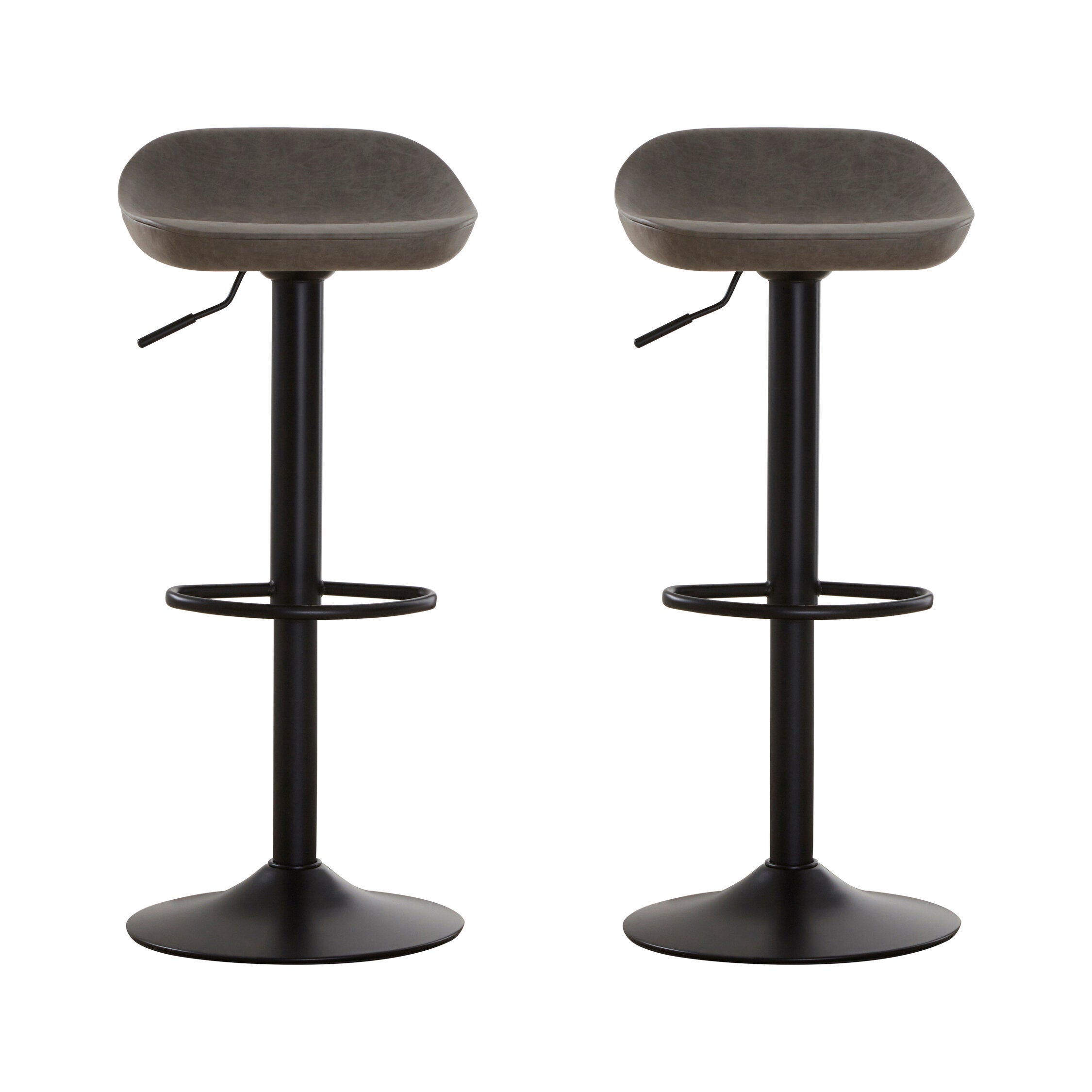 Two adjustable bar stools with gray seats and black metal legs on a white background