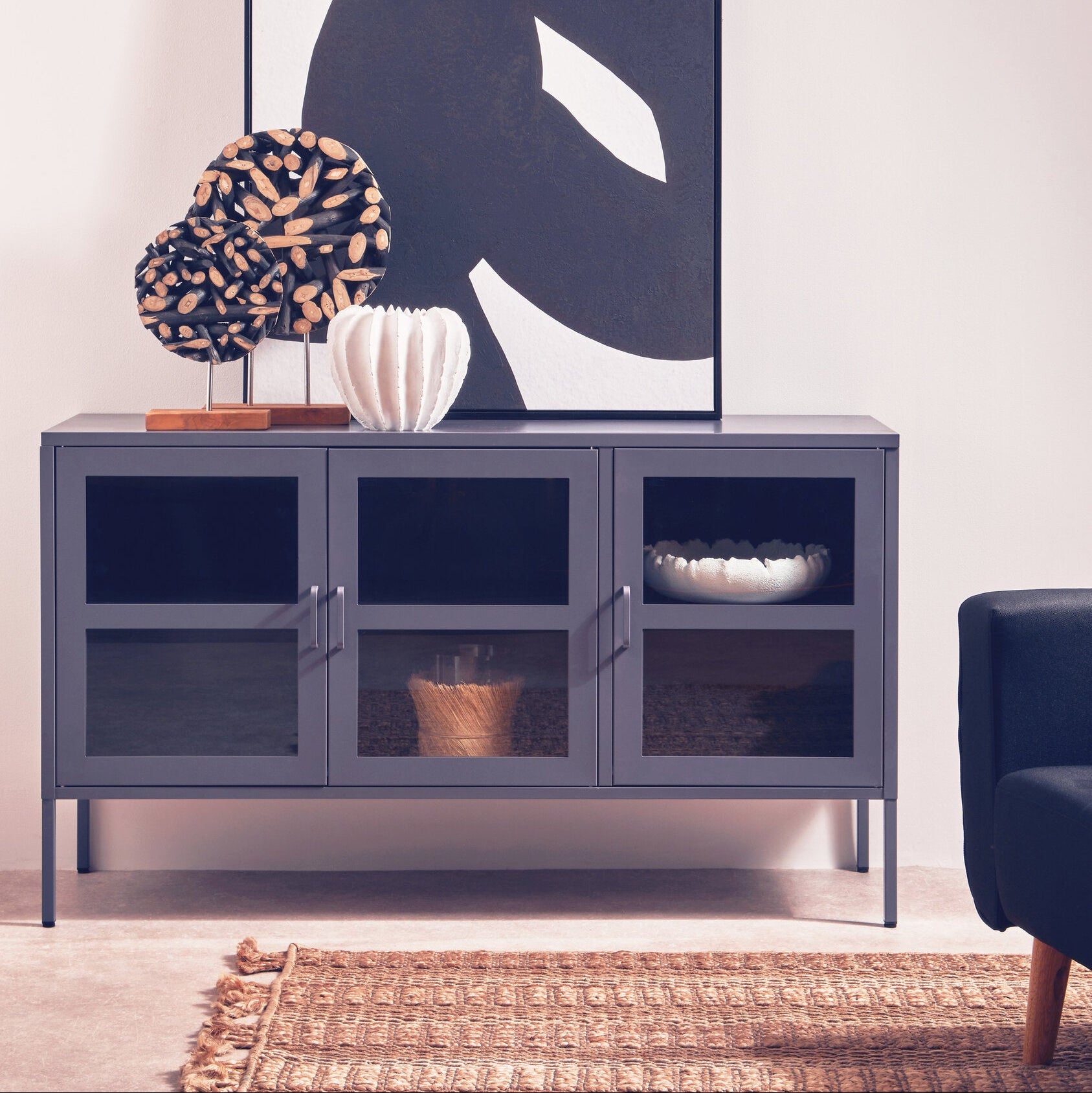 Asier Grey Metal Three Door Two Shelf Cabinet - The Orchard Home and Gifts