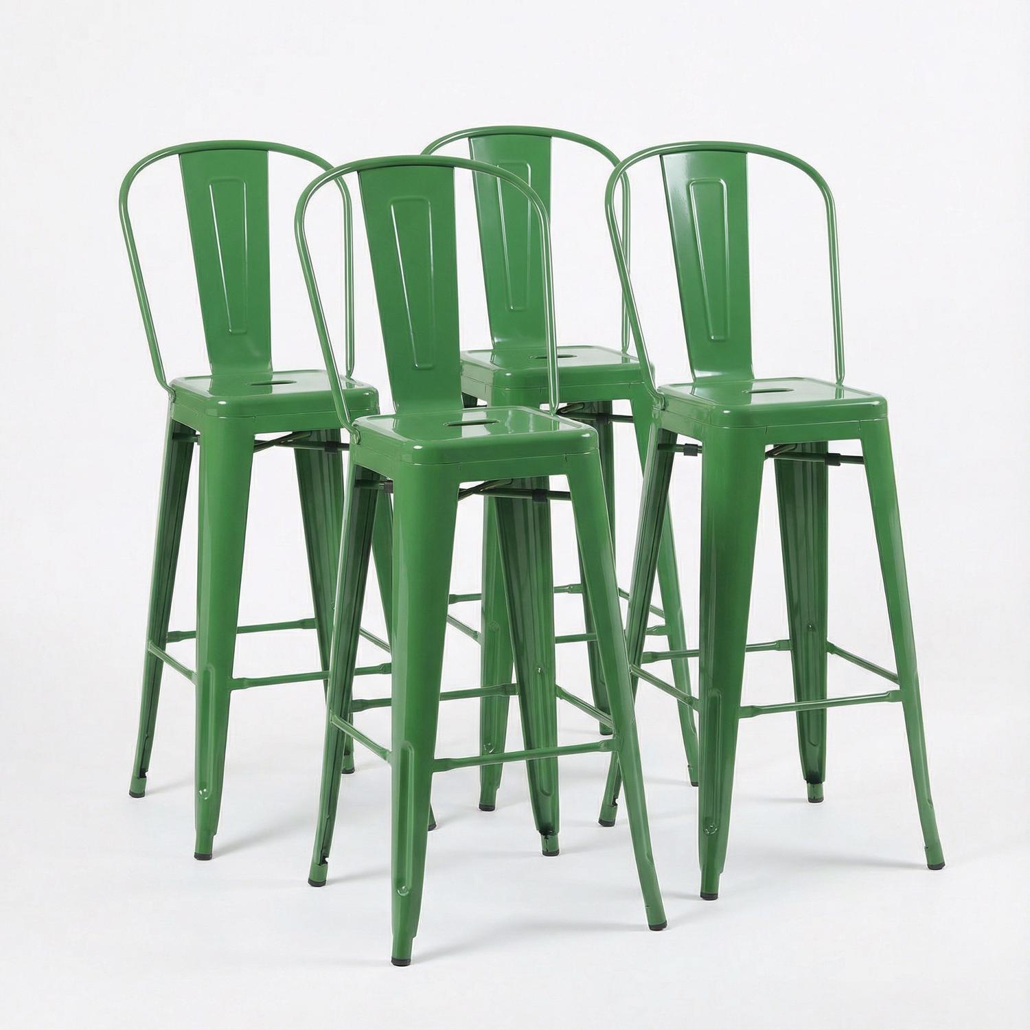 Four green metal bar stools on a white background