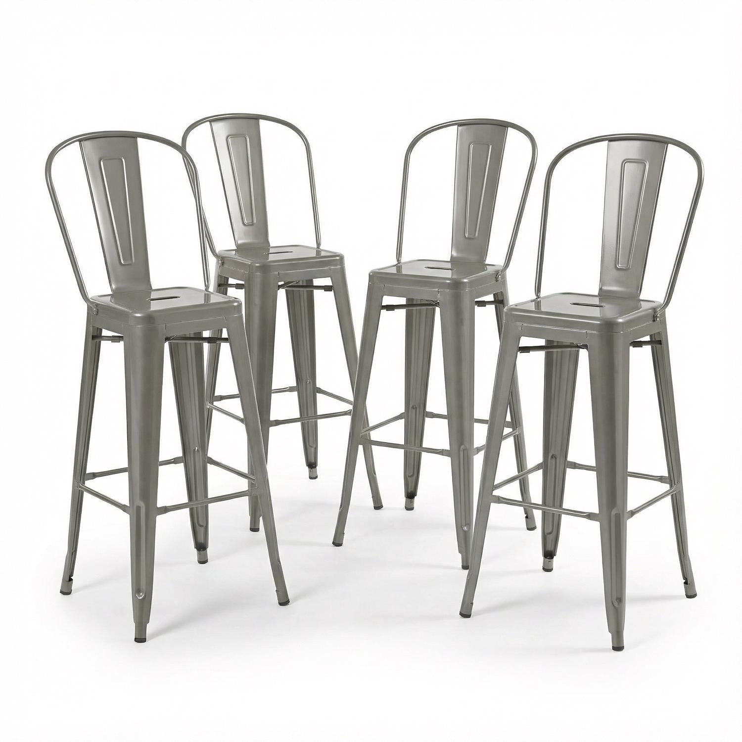 Set of five gray metal bar stools on a white background