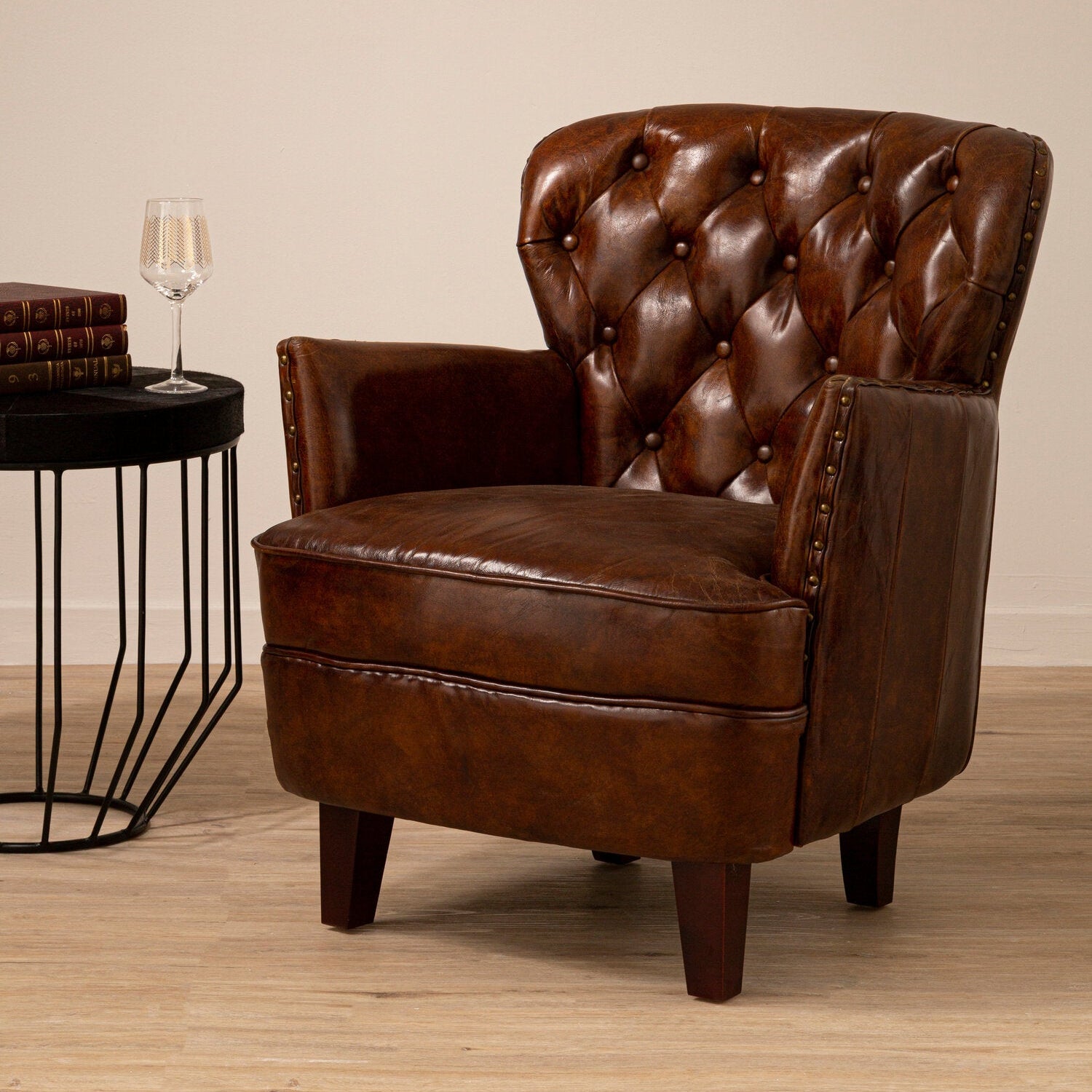 Baxter Antique Brown Button Back Winged Arm Armchair - The Orchard Home and Gifts
