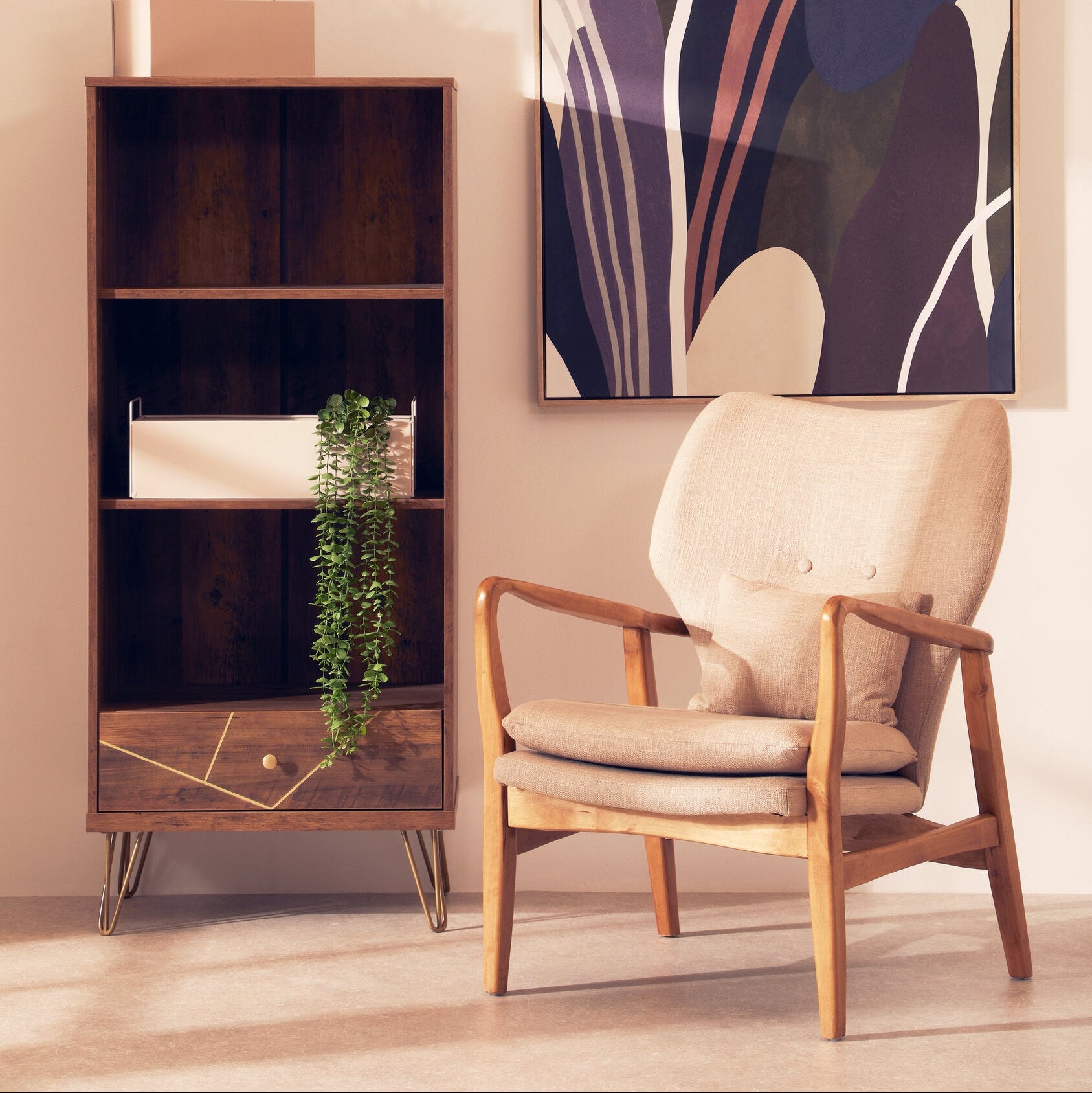 Beige Mid Century Birchwood Armchair - The Orchard Home and Gifts