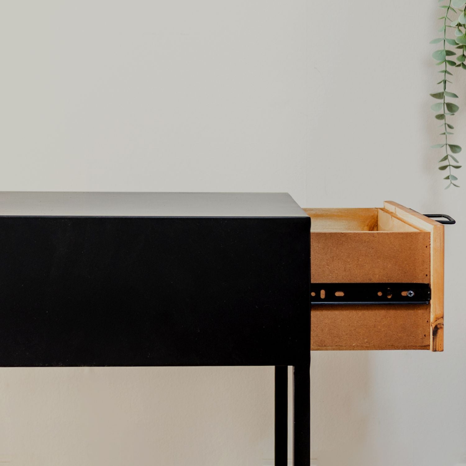 Black Metal and Rattan One Drawer Bedside Table