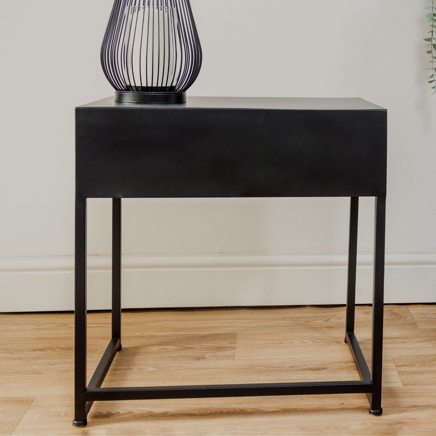 Black Metal and Rattan One Drawer Bedside Table