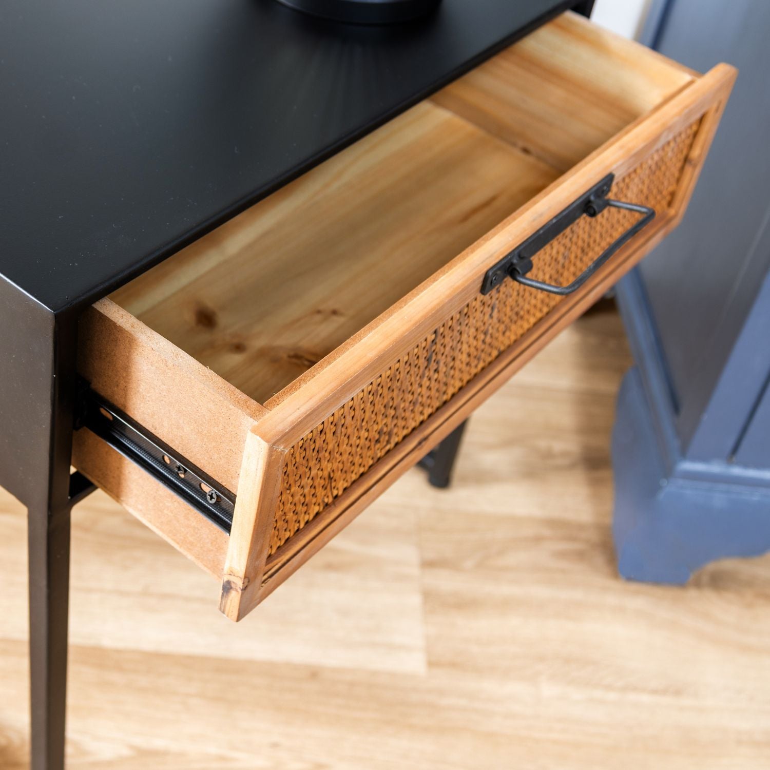 Black Metal and Rattan One Drawer Bedside Table