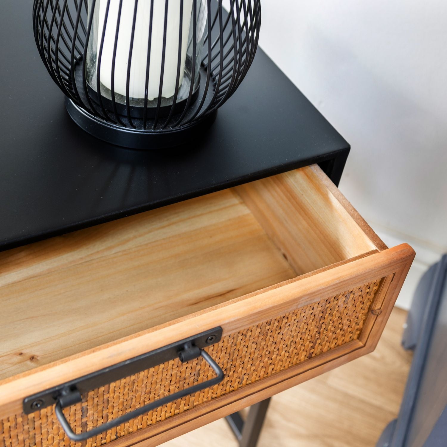 Black Metal and Rattan One Drawer Bedside Table