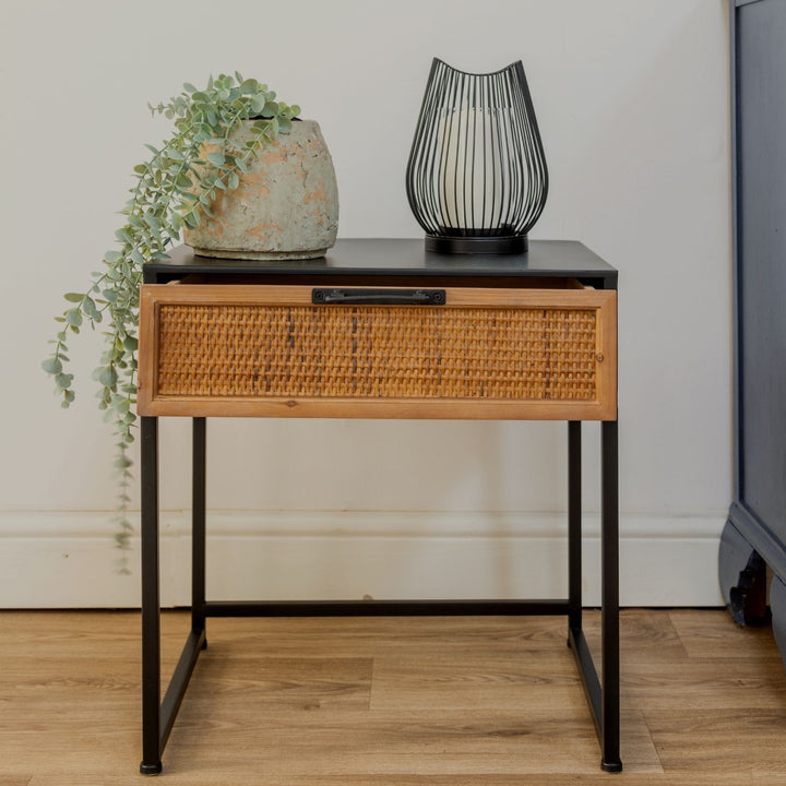 Black Wood and Rattan One Drawer Bedside Table