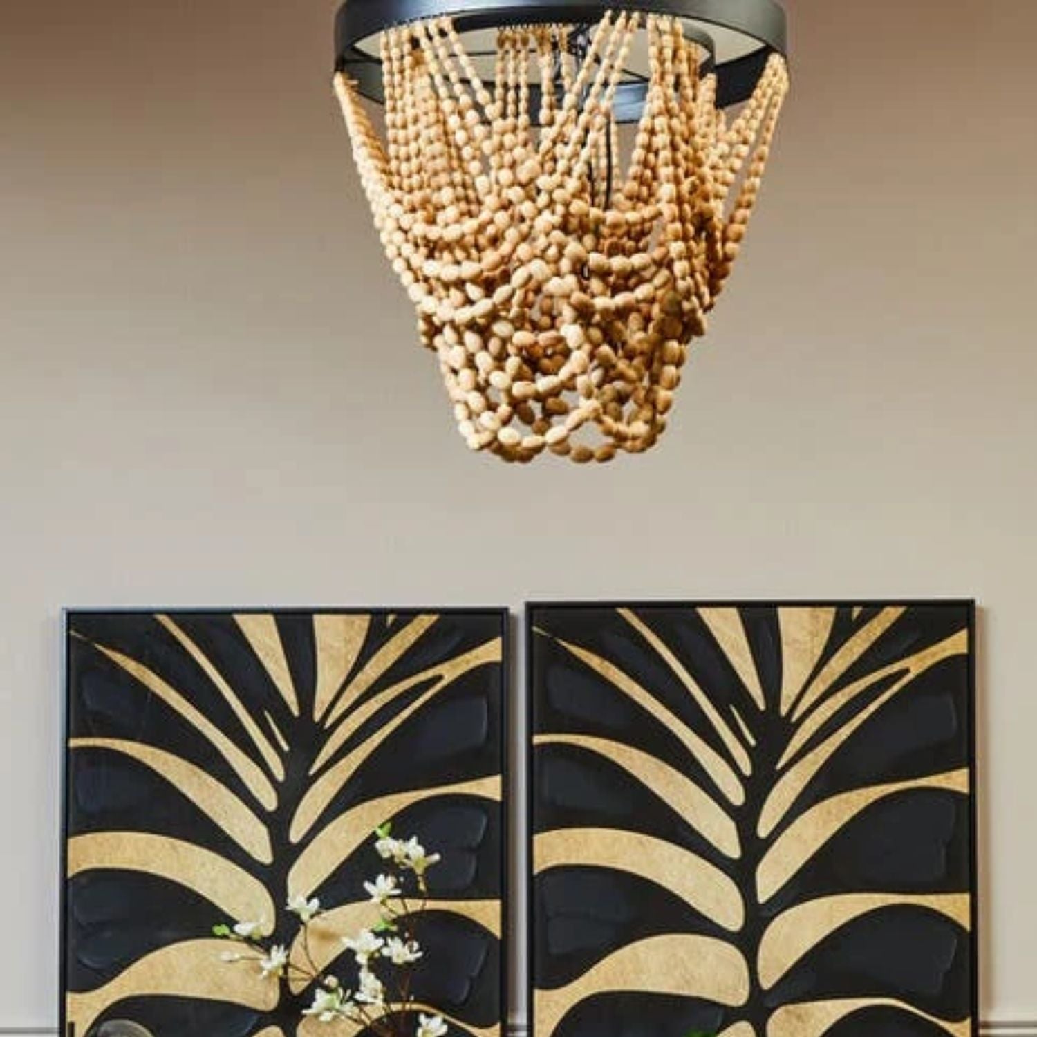 Boho Wooden Bead Ceiling Light with Black Metal Frame