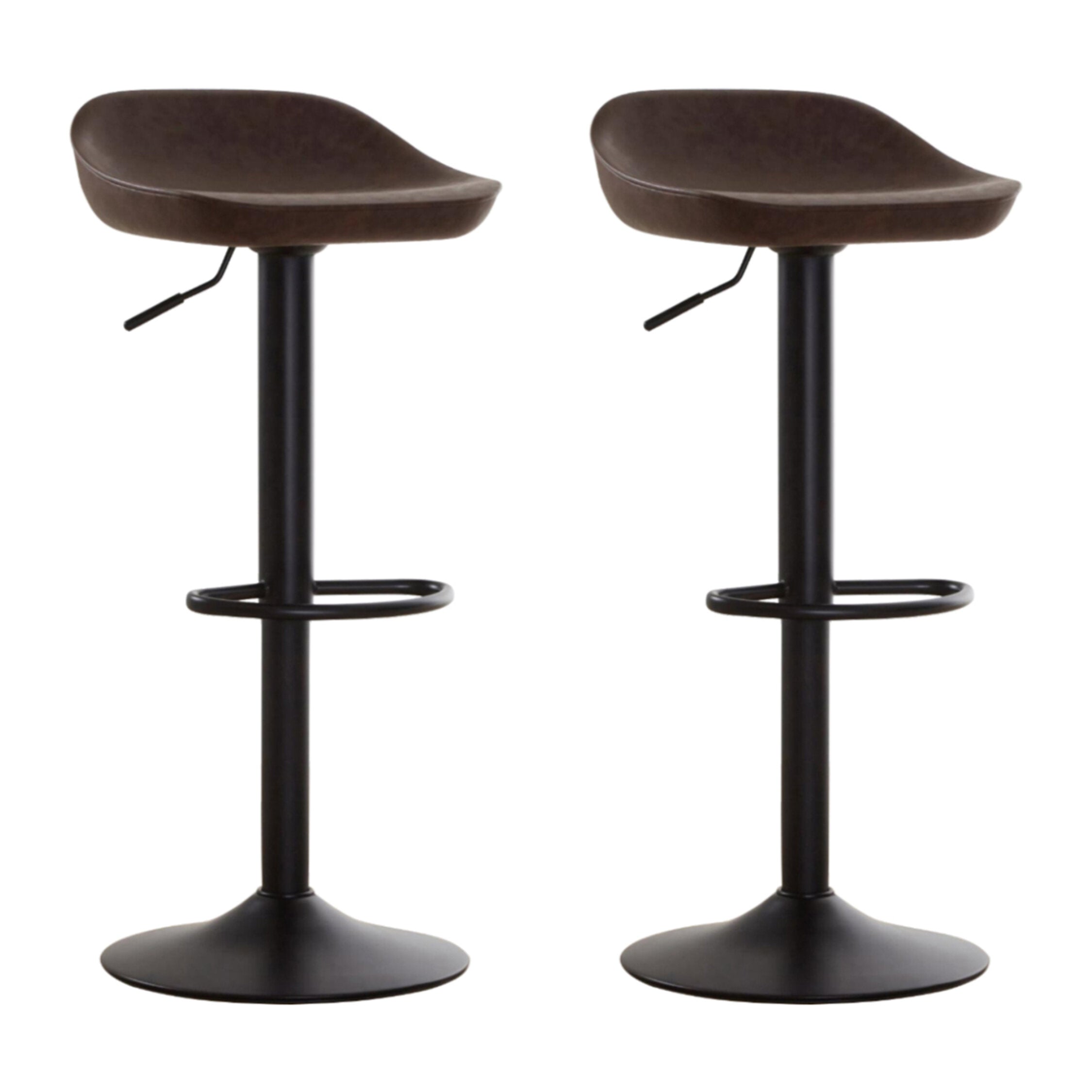 Two brown bar stools with black metal legs on a white background