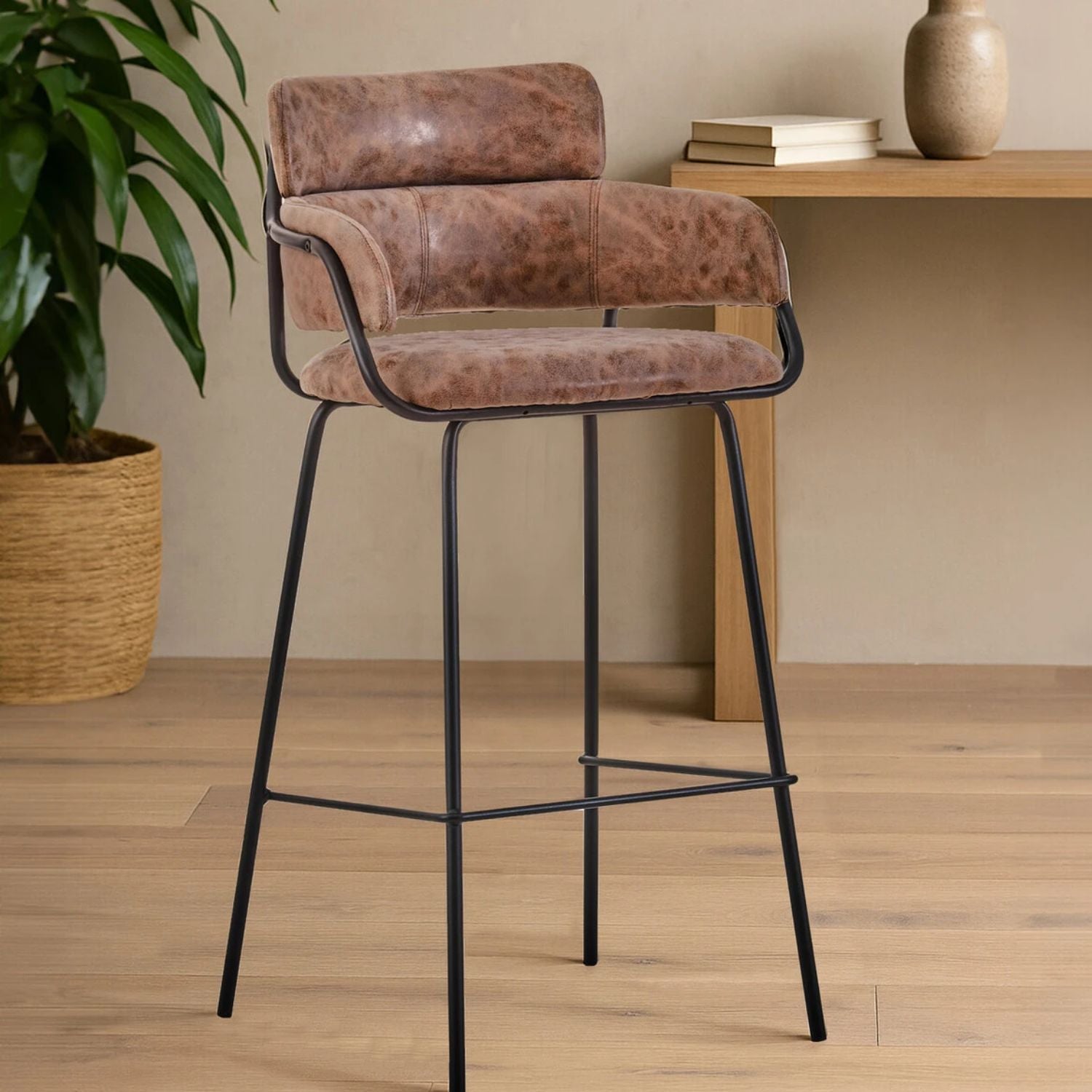 Tan Brown Upholstered Faux Leather Bar Stool - The Orchard Home and Gifts