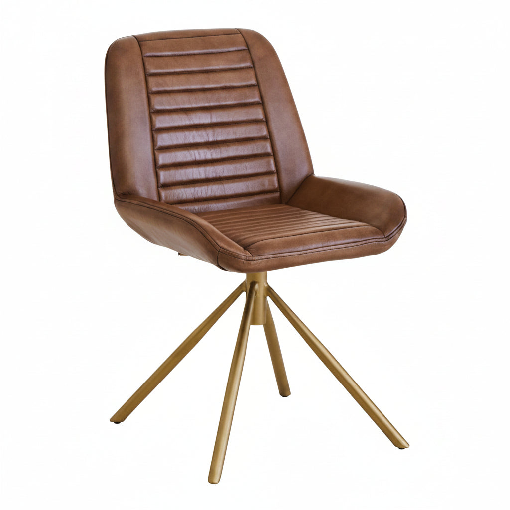 Brown leather chair with gold metal legs on a white background