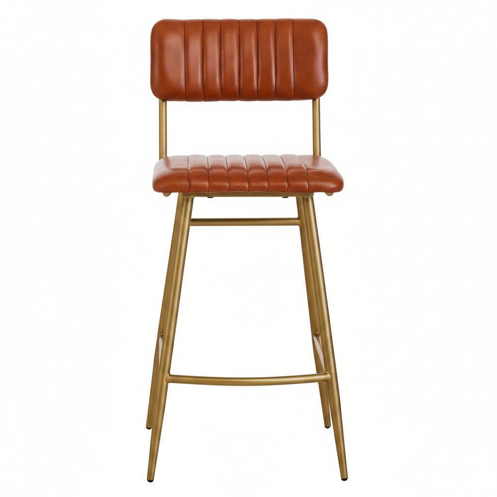 Bar stool with brown leather seat and backrest on a white background