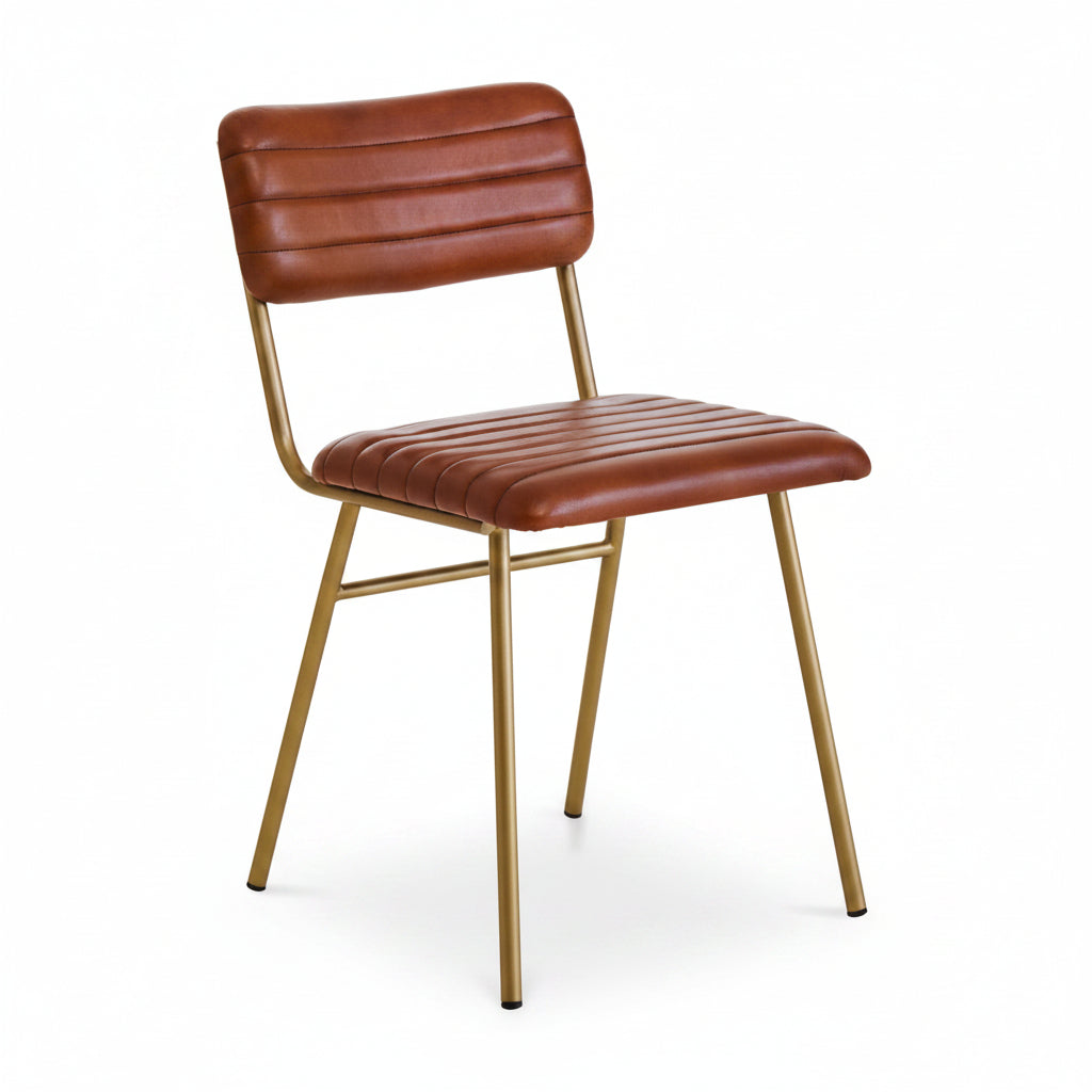 Brown leather chair with gold metal legs on a white background