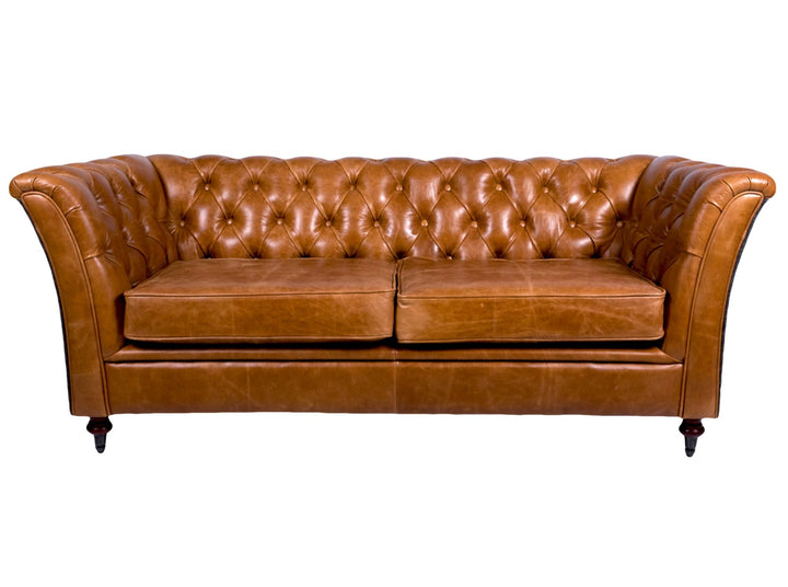 Brown Cerato Leather and Traditional Camel Wool Two Seater Chesterfield Sofa - EX-DISPLAY IMPERFECT CLEARANCE