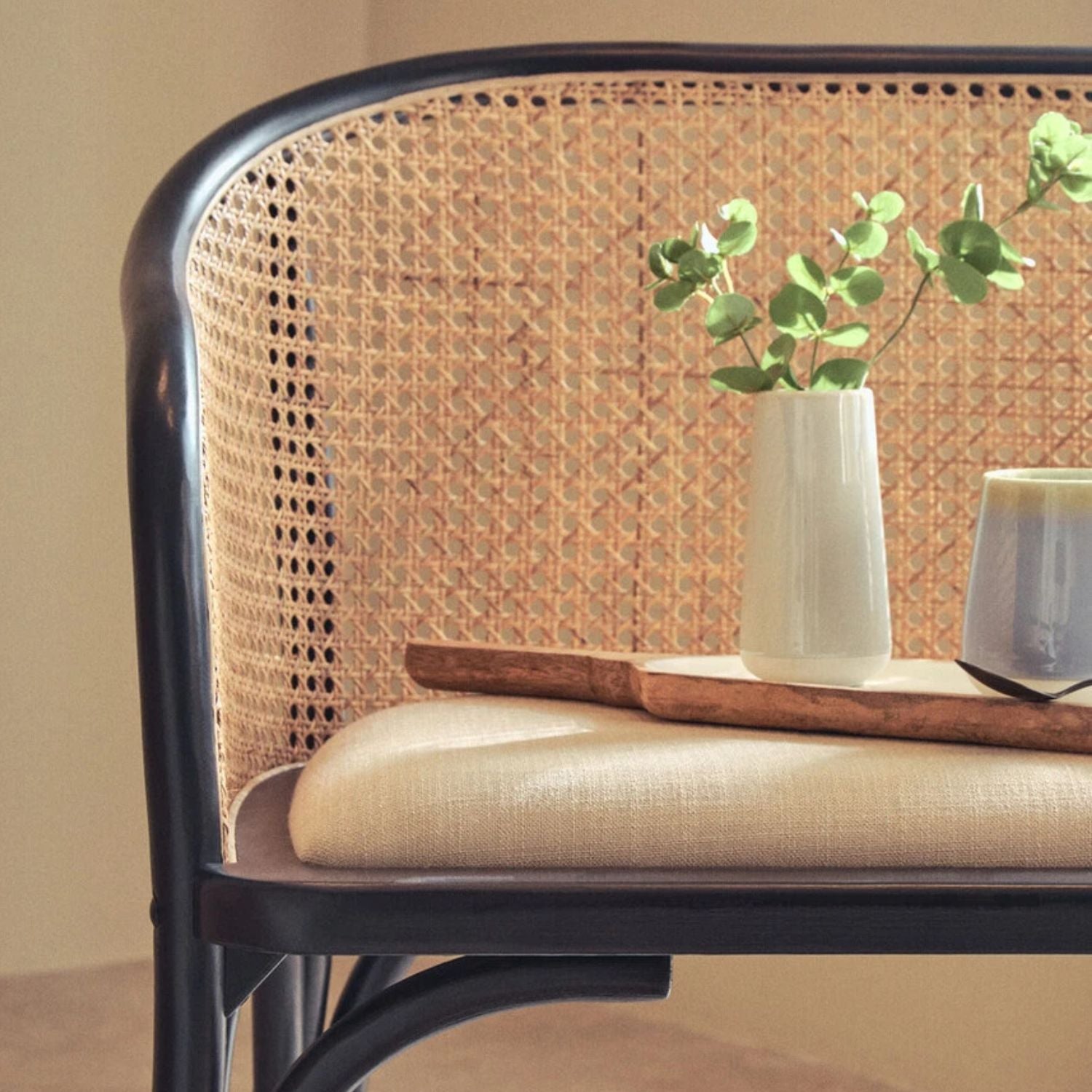 Cane Woven Black Beech Wood Upholstered Bench - The Orchard Home and Gifts