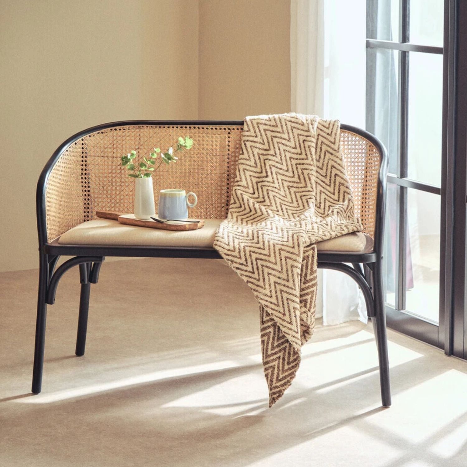 Cane Woven Black Beech Wood Upholstered Bench - The Orchard Home and Gifts