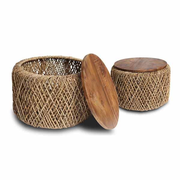 Natural Rope Set of Two Storage Coffee Side Tables