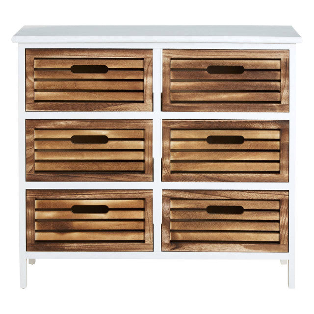Wooden dresser with six drawers on a white background