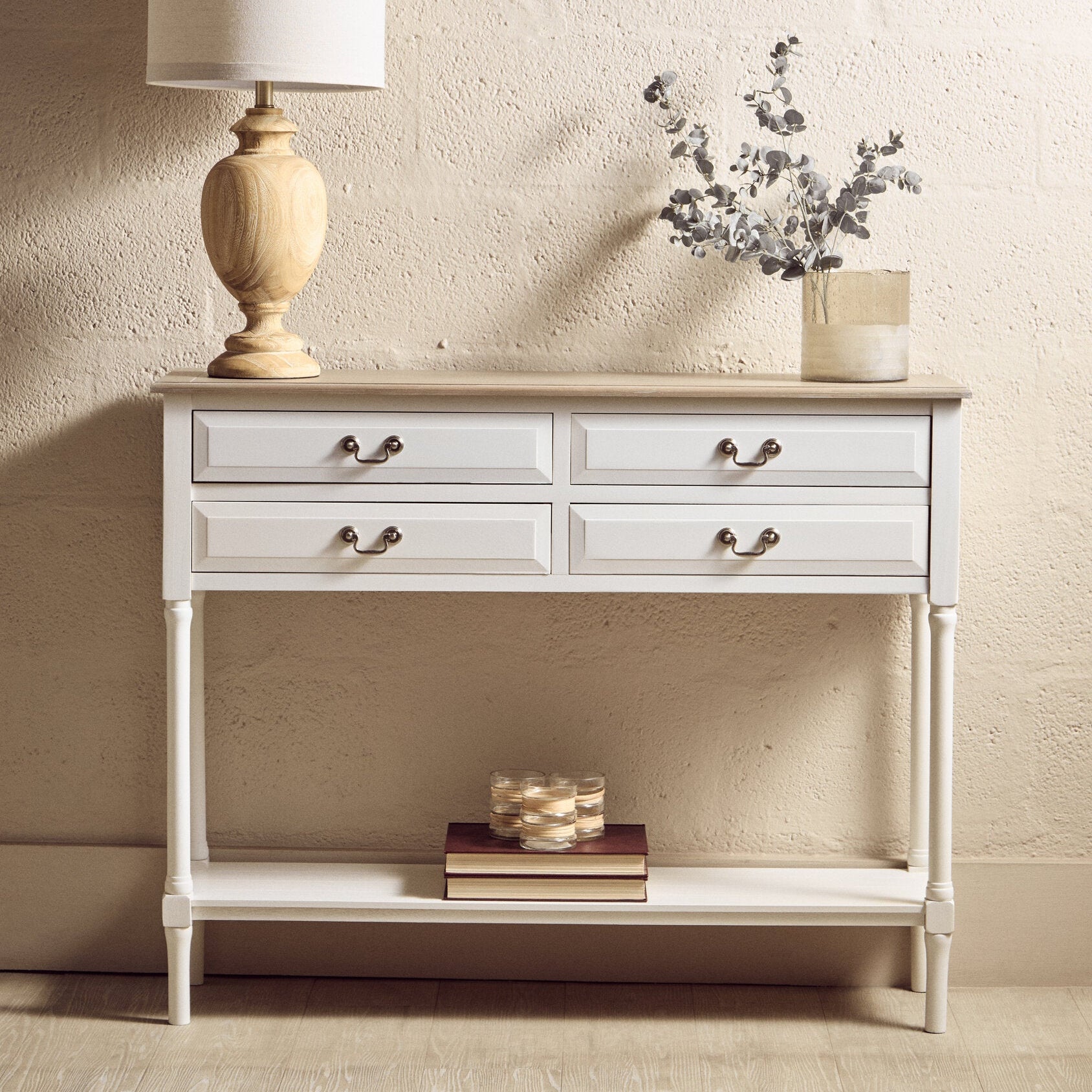 Country White Four Drawer Console Table with Shelf - The Orchard Home and Gifts