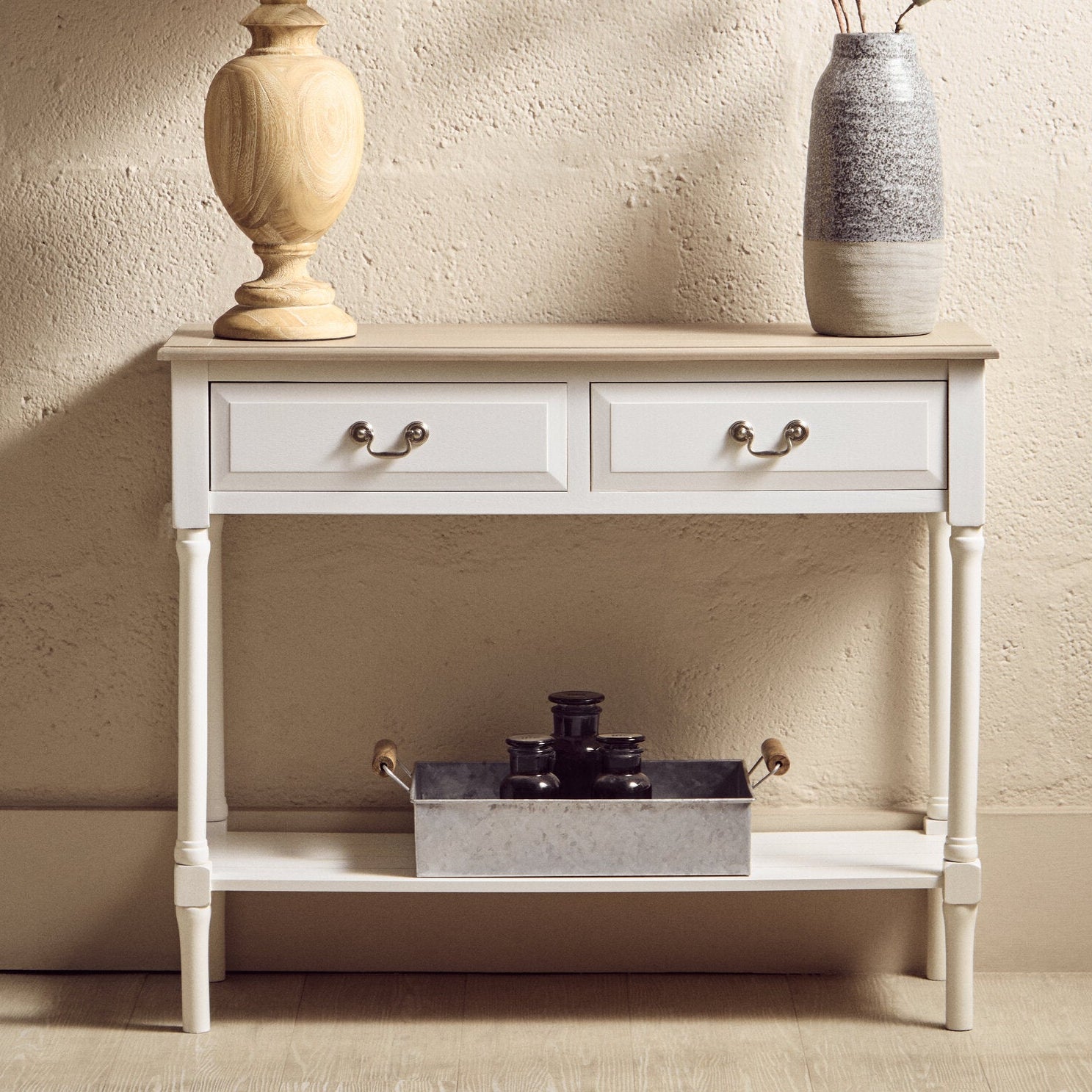 Country White Two Drawer Console Table with Shelf - The Orchard Home and Gifts