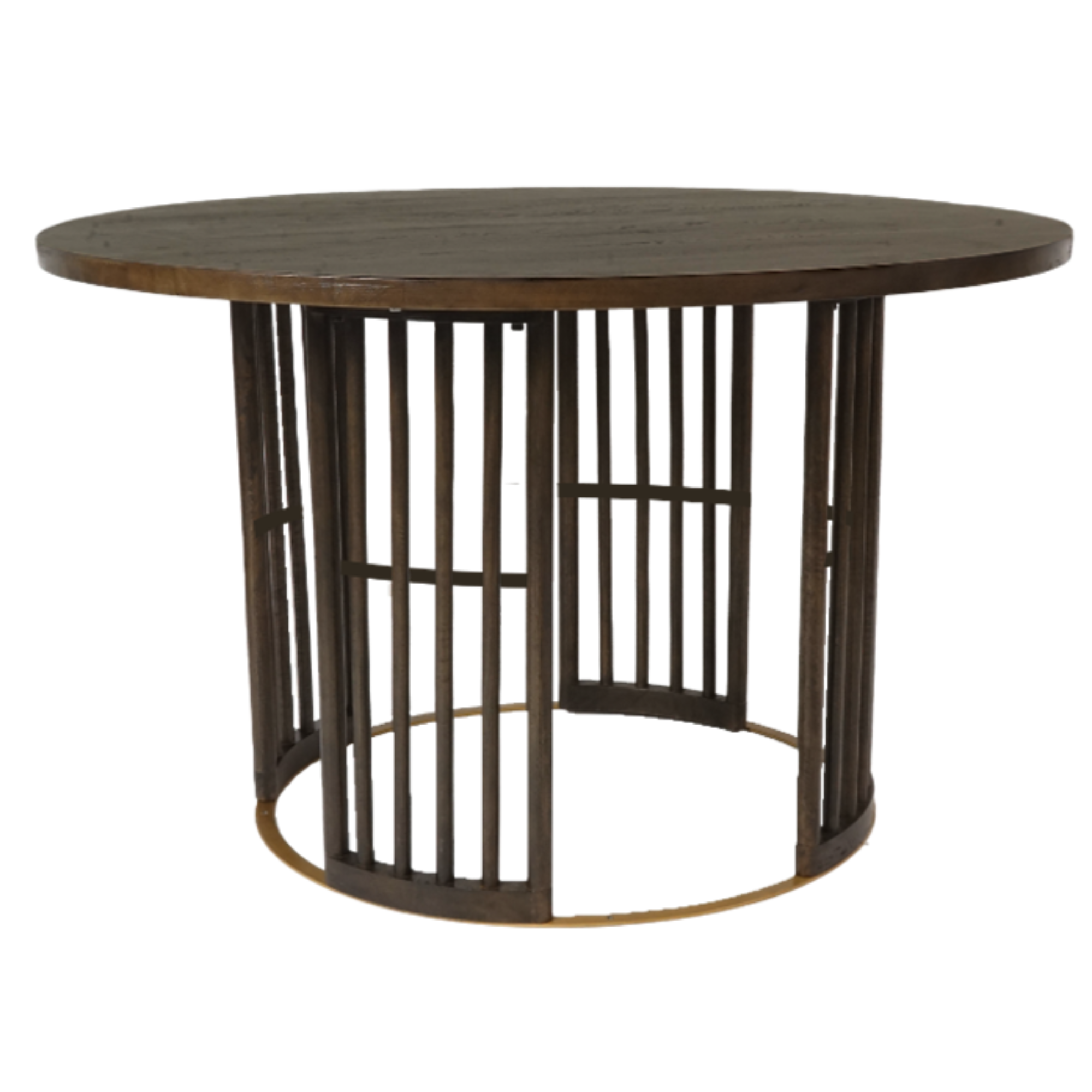 Round wooden table with metal base on a white background