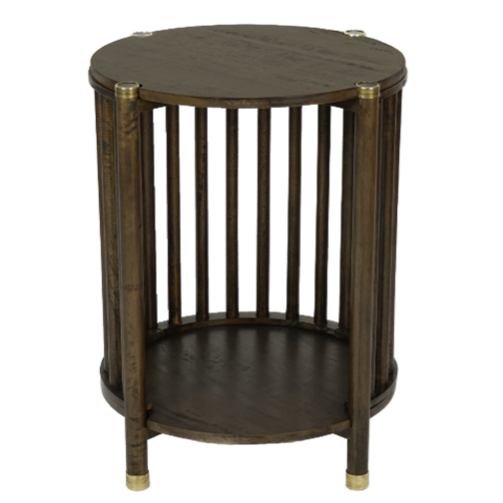 Round wooden side table with gold accents on a white background