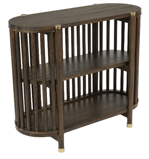 Wooden console table with gold accents on a white background