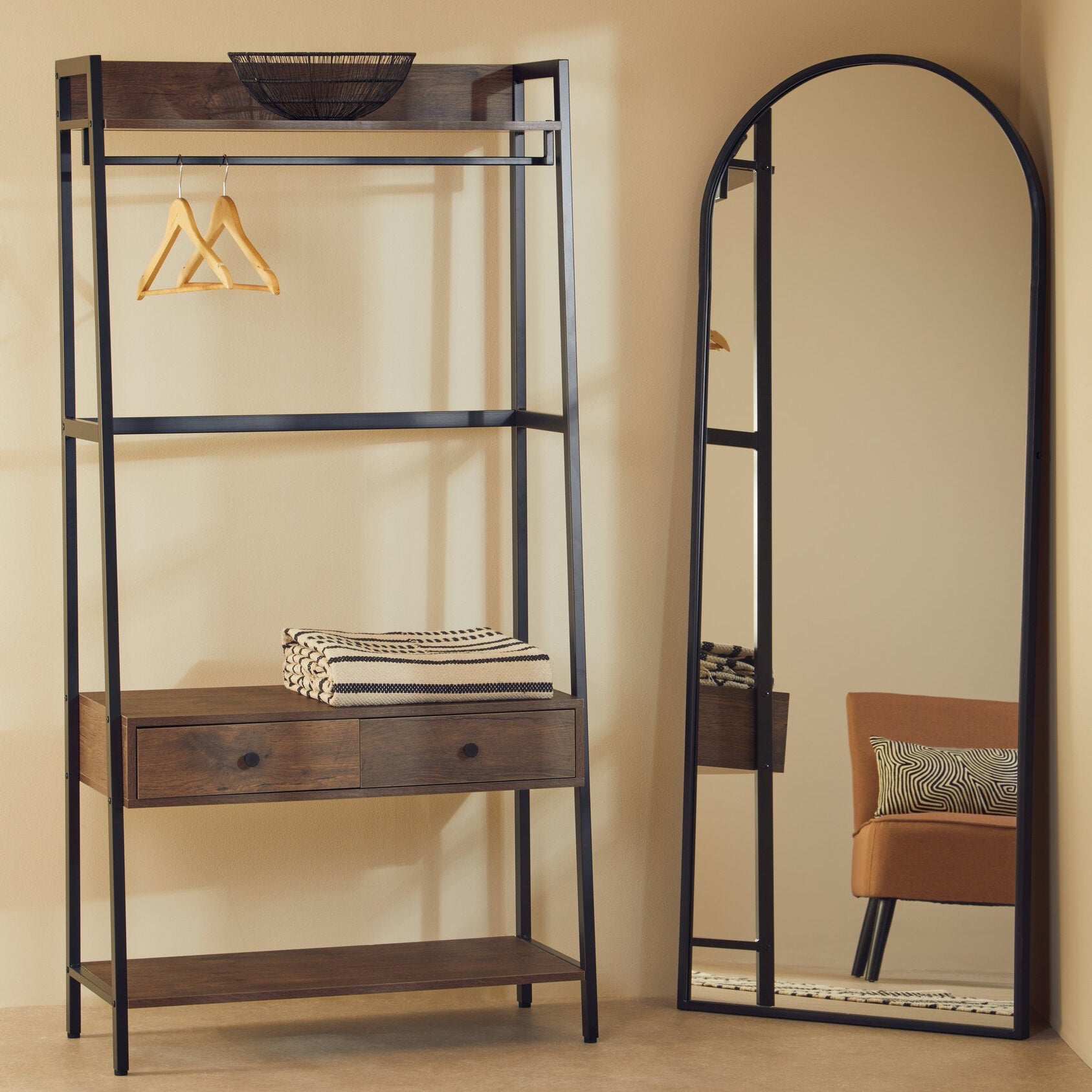 Dark Oak Effect Open Wardrobe with One Drawer - The Orchard Home and Gifts