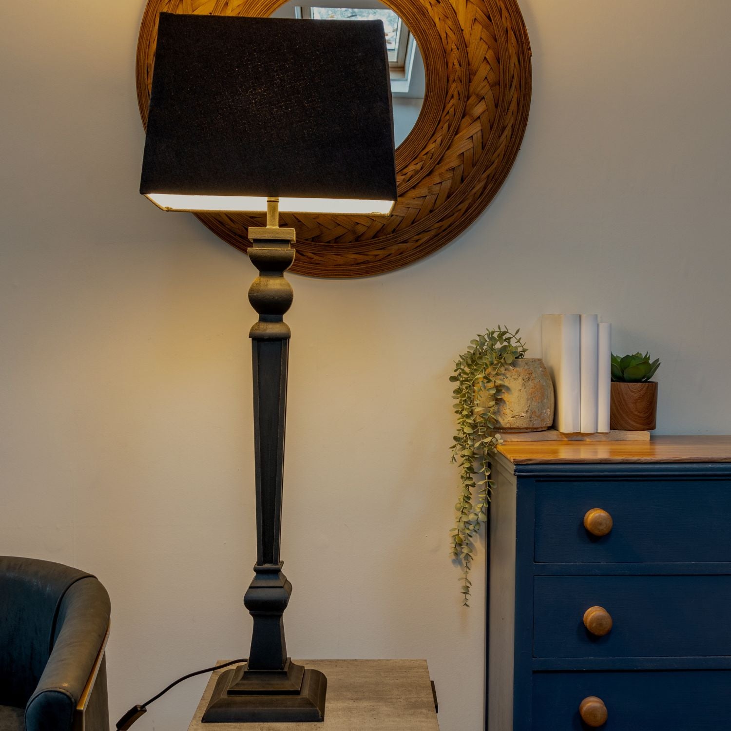 Extra Tall Black Table Lamp with Grey Shade