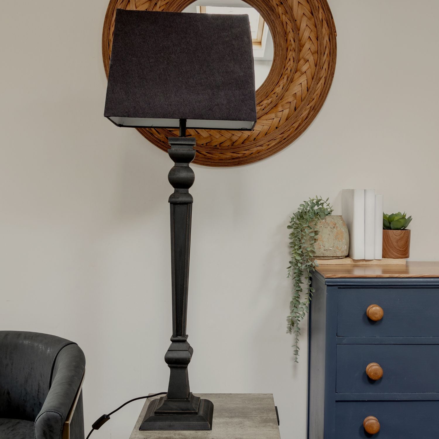 Extra Tall Black Table Lamp with Grey Shade
