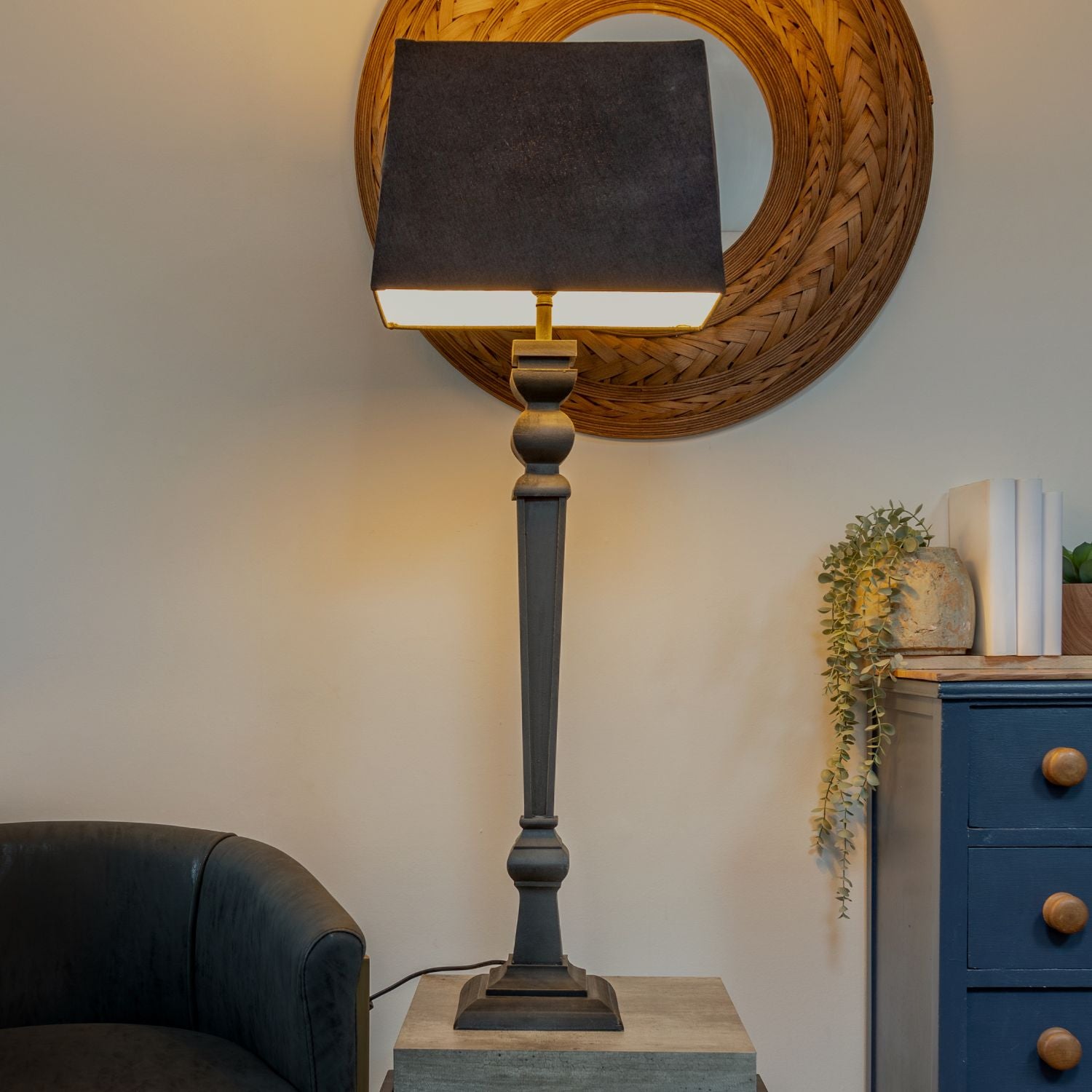 Extra Tall Black Table Lamp with Grey Shade