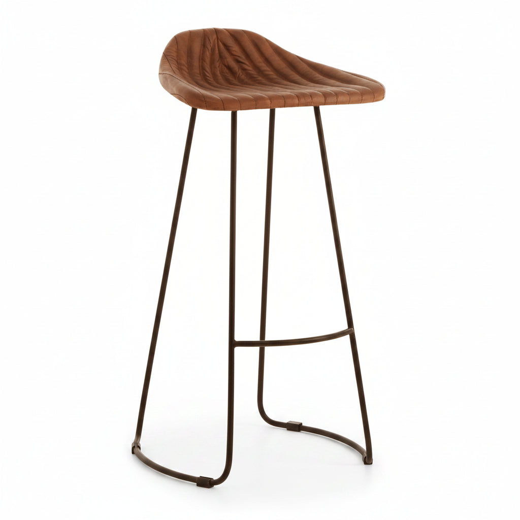 Fluted Brown Leather and Metal Bar Stool - The Orchard Home and Gifts