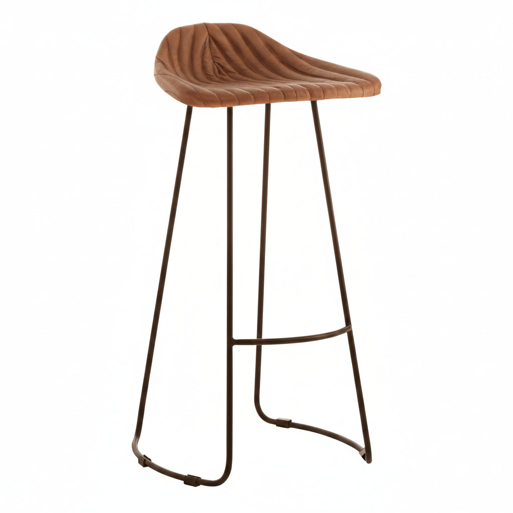 Fluted Light Brown Leather and Metal Bar Stool - The Orchard Home and Gifts